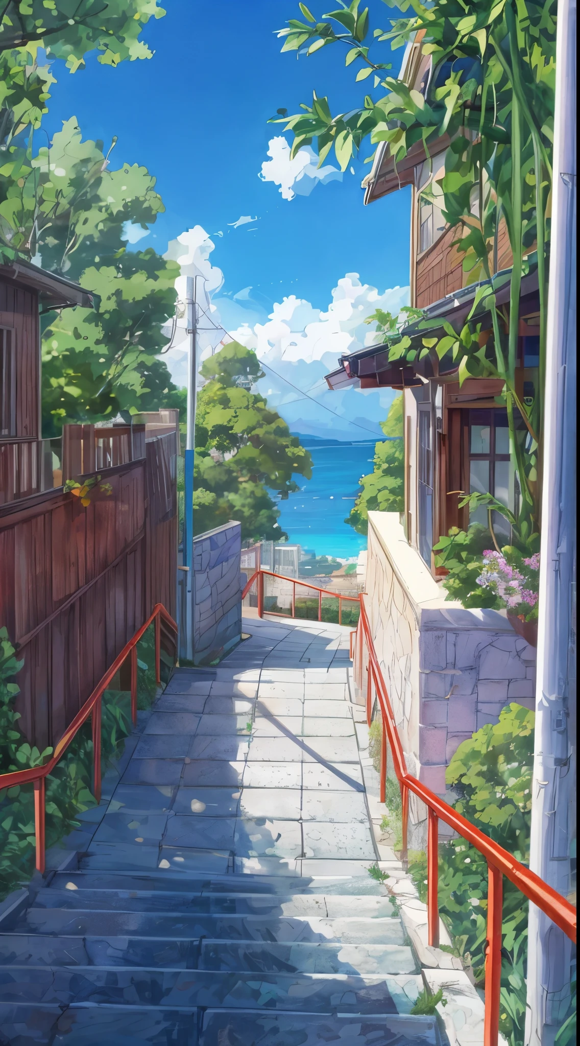 a painting of a stairway leading to a house with a view of the ocean, beautiful anime scenery, anime background art, detailed scenery —width 672, beautiful anime scene, anime scenery, anime beautiful peace scene, summer street near a beach, anime background, style of makoto shinkai, makoto shinkai. high detail, anime scenery concept art, scenery artwork