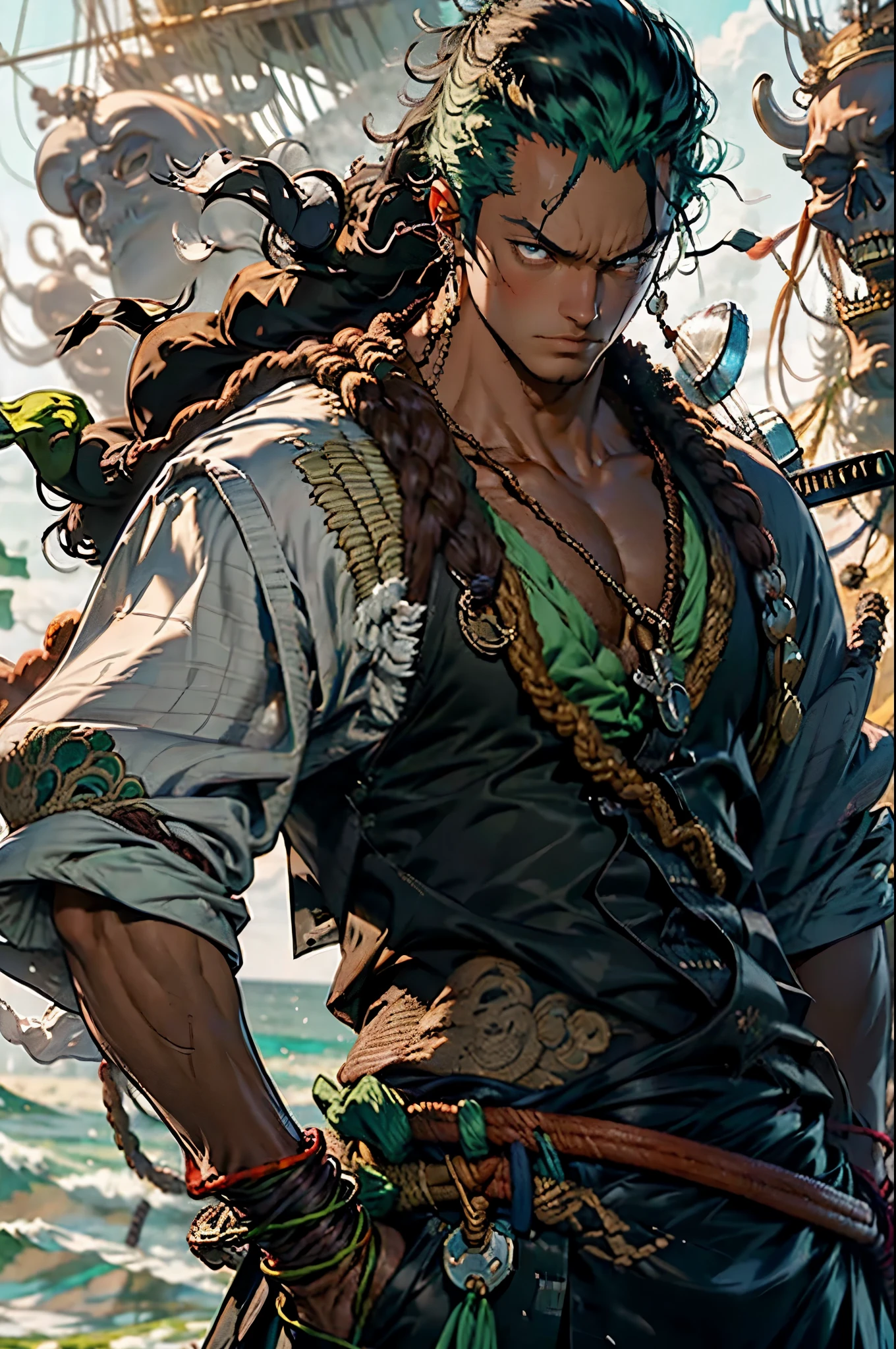 Zoro, the enigmatic swordsman, stands atop a rocky cliff overlooking the vast ocean. His three swords are sheathed at his waist, their intricate hilts catching the sunlight. His eyes, hidden behind a green bandana, exude determination and focus. The wind tugs at his long, green hair, and scars crisscross his muscular arms. Behind him, the sails of a pirate ship billow, hinting at adventure and danger. Capture the essence of this legendary swordsman in your artwork.,zoro , bright beautiful background , ocean