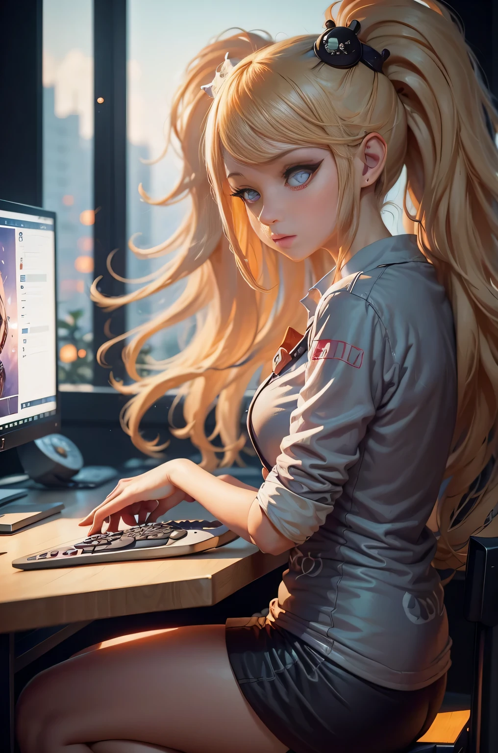 Chica de anime blonde sentada frente a un escritorio de computadora con un controlador de juego, gamer aesthetic, Sala de juegos en 2 0 4 0, Sala de juegos, Jugar videojuegos, juego, Tema Gamer, Jugando, Streamer do Twitch / Jugador Ludwig, Jugar juegos de computadora, Estilo de videojuego, Estilo de videojuego, Cyril Rolando y Goro Fujita, foto de perfil 1024px