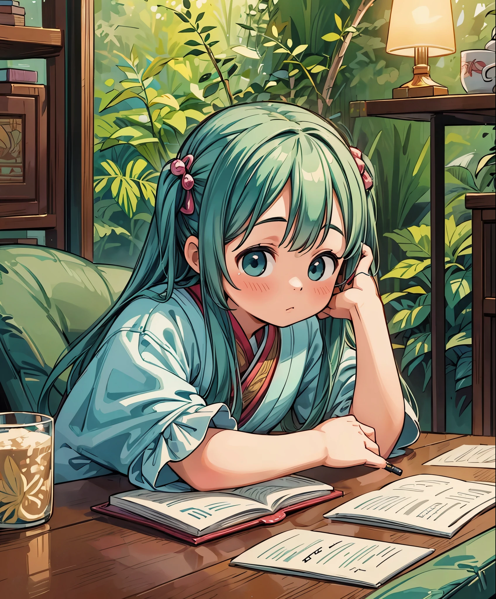 (masterpiece、highest quality、highest quality、official art、beautiful beautiful:1.2)、(1 girl:1.3)Hatsune Miku、twin tails,Photo of a beautiful girl in traditional Chinese dress looking at an ancient Chinese book under a lamp on a low table in an old walled garden on a peaceful evening,((he has a pen in his right hand.、Place your left hand on the table)),((table top)),realistic,4k,,((beautiful big eyes))