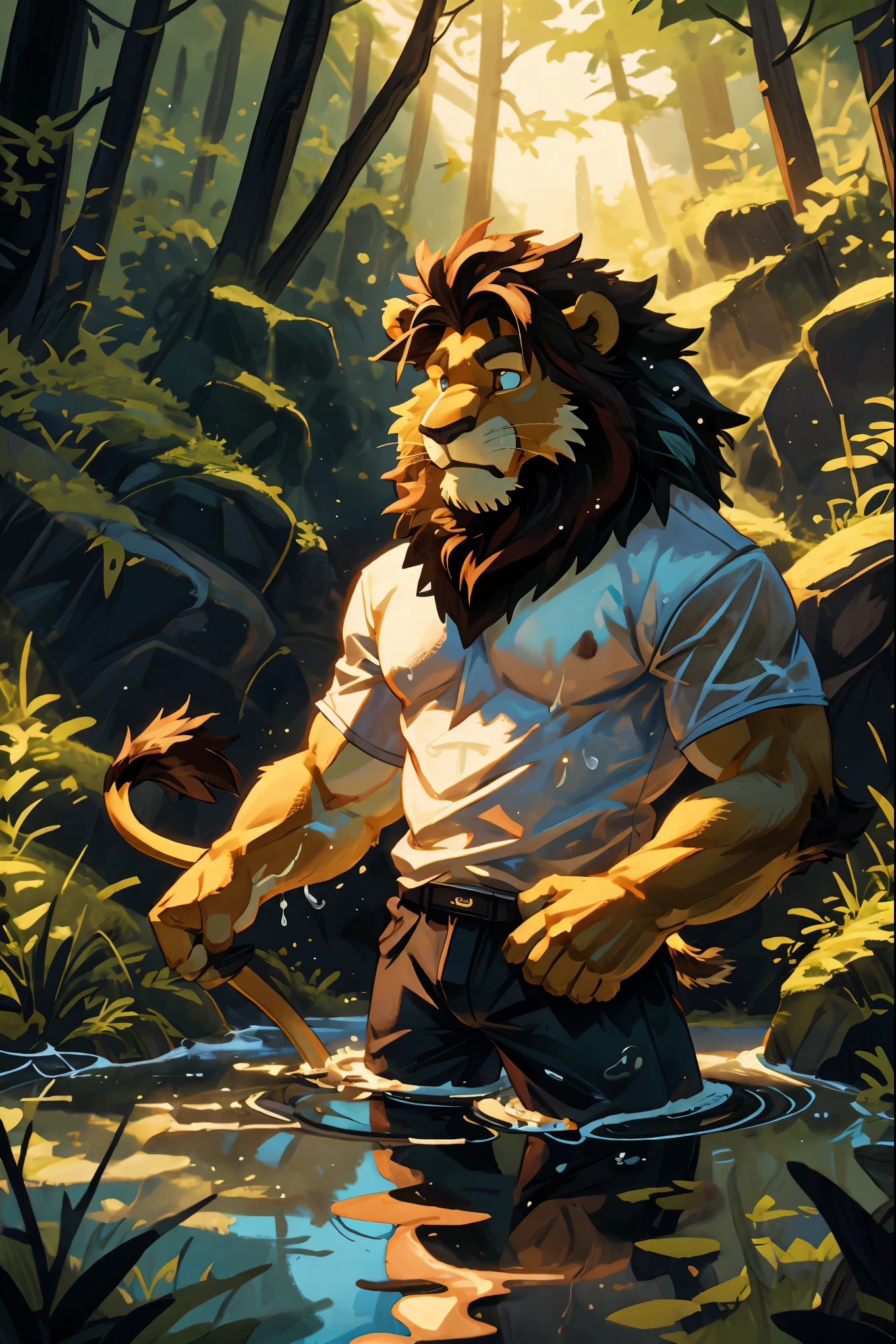 cover page, highres, top quality, best quality, paid reward available, unparalleled masterpiece, perfect artwork, absurdres, High-quality illustrations, bathing in water, beautiful refraction of water, shirt soaked in water, transparent clothing, Rich colors, Dreamy, mystical, erotic, dynamic and intricately defined muscular physique(In the forest where the stream flows, Backlighting)perfect anatomy((angelic cute 1boy))(Furry, Solo focus)(furry anthro:1.7)(((furry body, Facial features of male lion, Features of the male lion body)))(((muzzle of the male lion, very detailed furry body of male lion))))undress(portrait)cinematic lighting, dynamic angle,
