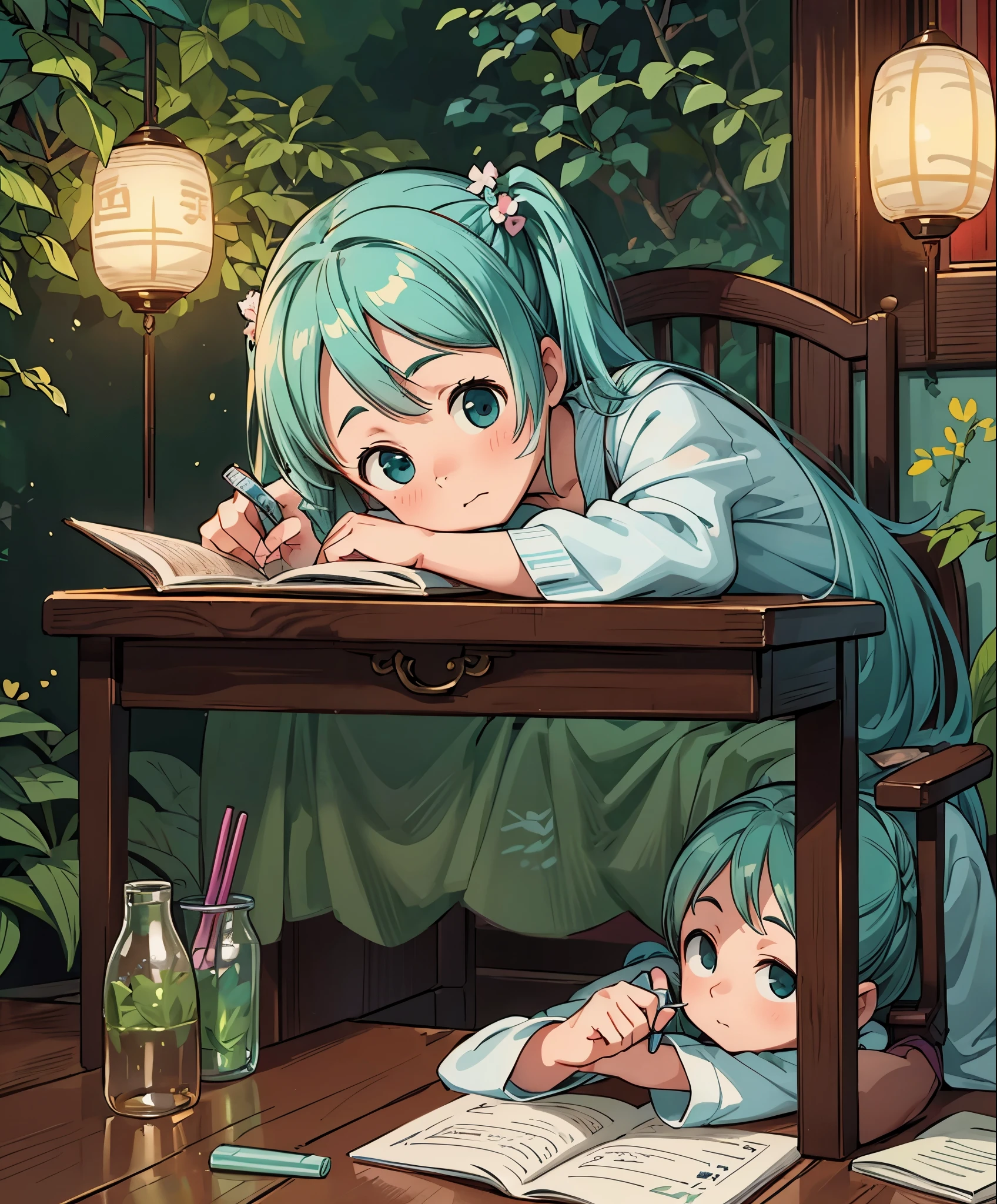 (masterpiece、highest quality、highest quality、official art、beautiful beautiful:1.2)、(1 girl:1.3)Hatsune Miku、twin tails,Photo of a beautiful girl in traditional Chinese dress looking at an ancient Chinese book under a lamp on a low table in an old walled garden on a peaceful evening,((he has a pen in his right hand.、Place your left hand on the table)),((table top)),realistic,4k,,((beautiful big eyes))