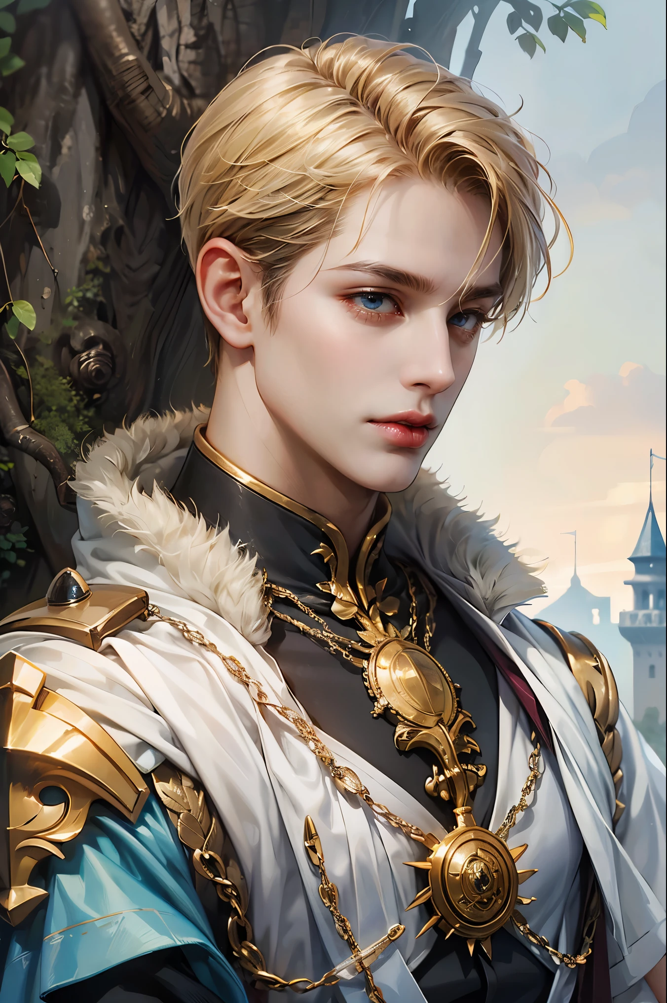 (Ridiculous, high resolution, Super detailed, original characters, high dynamic range), 1 boy, alone, aldult, Handsome, ((tall muscular man, broad shoulders)), delicate eyes, ((Fluffy blonde short hair)), hair between eyes, forehead, ice blue eyes, magic spell, fantasy armor, tight clothes, sword, (portrait), face focus, Fairytale colorful forest scenery, Colorful light, colorful tree, fantasy greek castle, long face, Keep your mouth shut, look away, depth of field