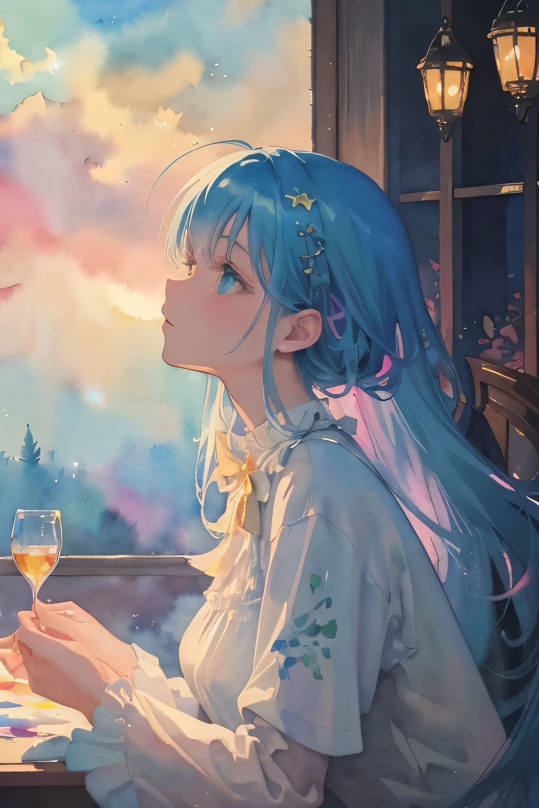 (high quality, 8k), (watercolor painting:1,2, soft light:1.5), Upper body, (topaz), green,Rainbow-colored, one girl, detailed face, fine eyes, watercolor painting, so magical and dreamy, dreamy and detailed, dreamy atmosphereとドラマ, Fantastic and beautiful lighting, dreamy atmosphere, beautiful atmosphere, dreamy romantic, fantastic dreamy theme, beautiful atmosphere, anime background art, magical atmosphere + table top, dreamy aesthetics, Beautiful details with atmosphere,