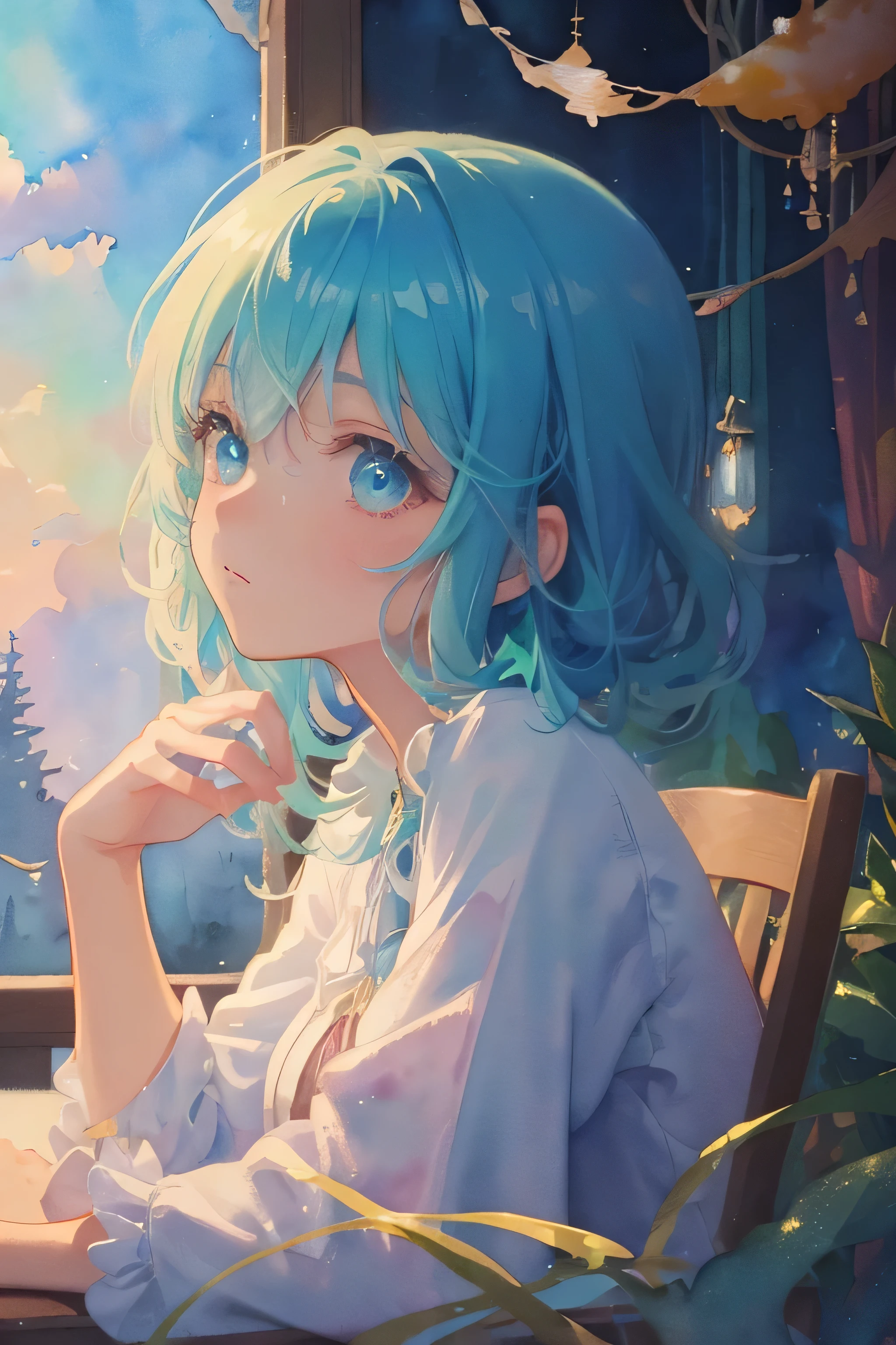 (high quality, 8k), (watercolor painting:1,2, soft light:1.5), Upper body, (topaz), green,Rainbow-colored, one girl, detailed face, fine eyes, watercolor painting, so magical and dreamy, dreamy and detailed, dreamy atmosphereとドラマ, Fantastic and beautiful lighting, dreamy atmosphere, beautiful atmosphere, dreamy romantic, fantastic dreamy theme, beautiful atmosphere, anime background art, magical atmosphere + table top, dreamy aesthetics, Beautiful details with atmosphere,