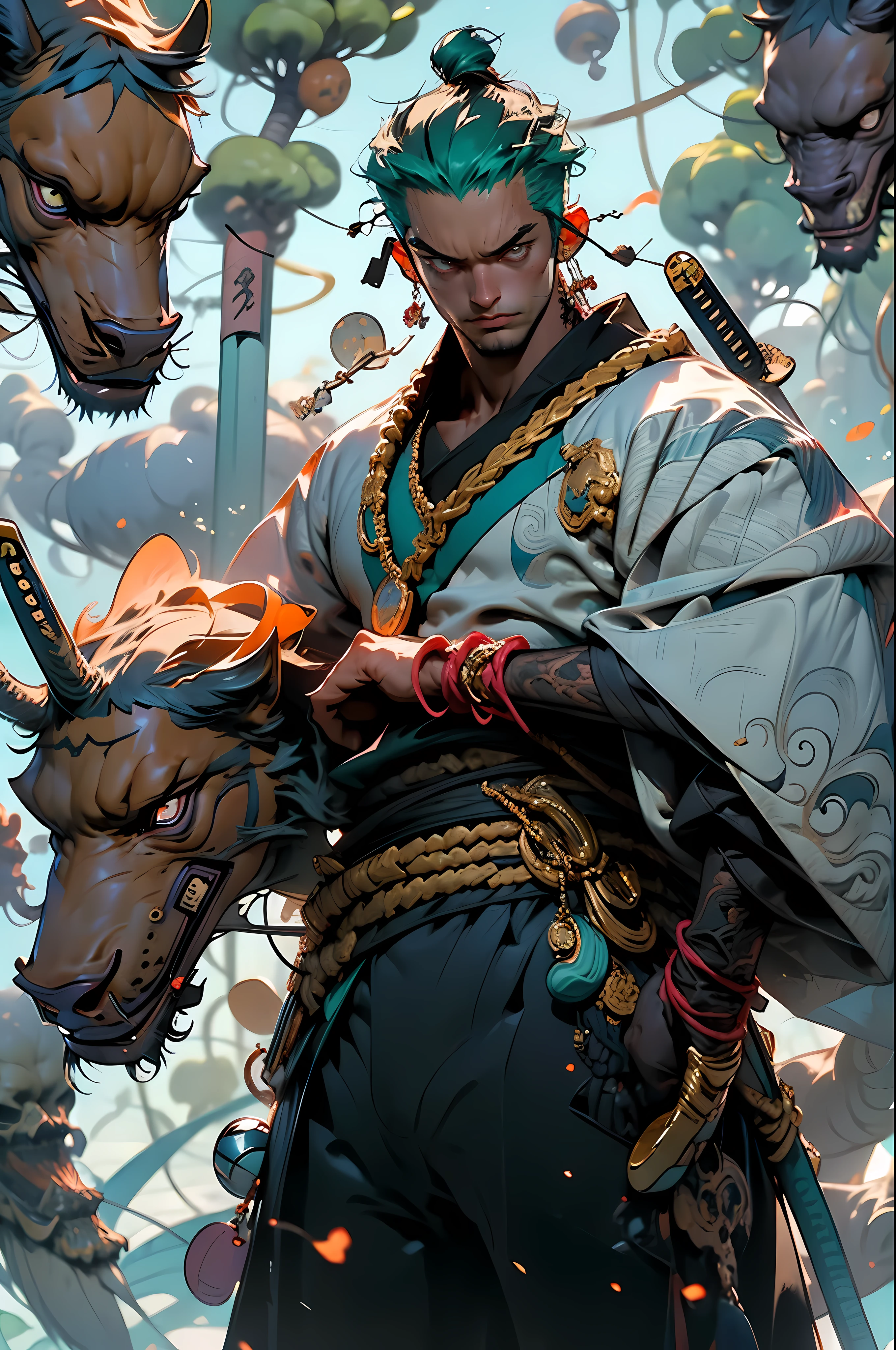 Zoro, sozinho, Olhando para o Viewer, sorrir, short hair, olhos vermelhos, 1st grade, propriedade, jewelries, parte superior do corpo, arma, Foco masculino, Brincos, Roupas japonesas, cabelos verdes, Chifres, espada, quimono, segurando arma, de lado, tatuagem, brilhante, cicatriz, segurando espada, Katana, cicatriz no rosto, cicatriz no olho, Detailed muscle physique, photorealistic representation, 4k resolution. Background Story: Dojo de artes marciais,UHD 32k, melhor qualidade, master part, Super Detalhe, Detalhes altos, ((strong man))