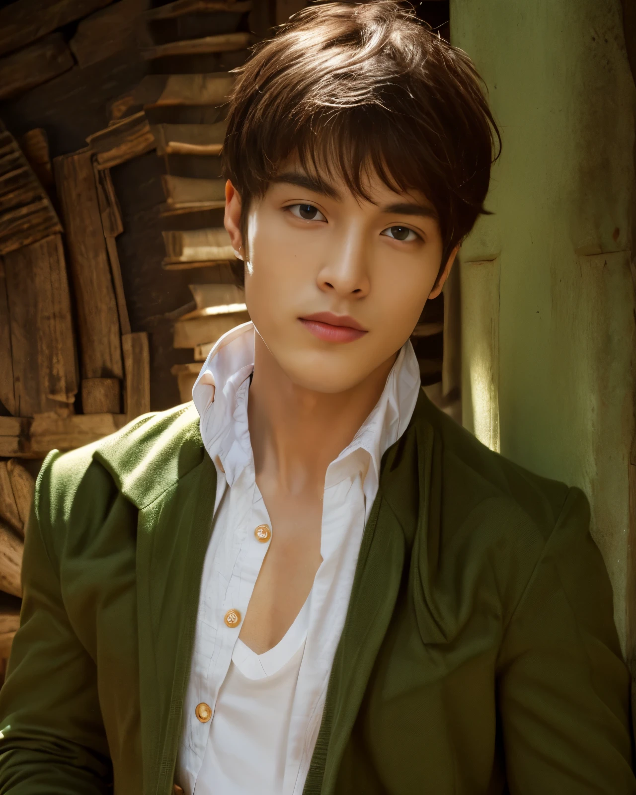 masterpiece, best quality, (absurdres, highres, ultra detailed), 1 male, adult, handsome, tall muscular guy, broad shoulders, finely detailed eyes and detailed face, red hair, green eyes, handsome, suit, fantasy, uniform, royal, Forest, flowers blooming brightly-bloomed flowers, Sunlight, Fantastic light and shadow, Scenery, portrait,