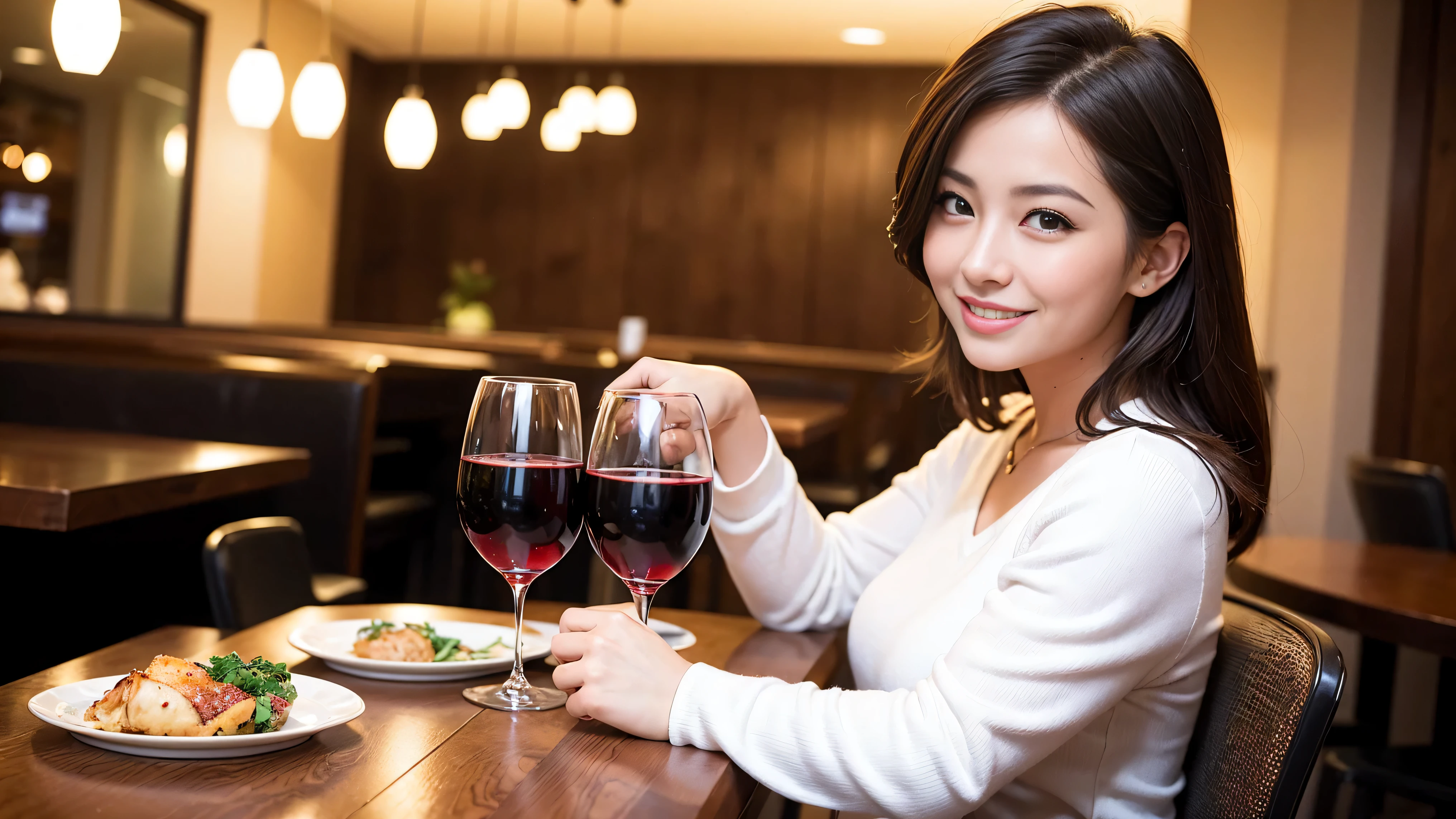 (including 64k, nffsw, highest quality, table top: 1.2), (realistic, photorealistic: 1.37), long sleeve shirt、winter fashion、Columbia、Brazilian、Japanese、Dutch、German、Portuguese、Belgian、Italian、French,Champagne、sparkling wine、 (slimフェイス), (slimボティ), (brown hair), (shortcut), neat beauty、cheeks turn a little red, (35 years old), 38 years old, alone, 窓の外には美しく緻密なnight景が広がります., restaurant, wine glassが座っている, nightに, in a prominent place (from the Upper body) nova frog style, actress, model, Upper body, White wine, slim, wine glass, Super Clean night View, wine glass Put in the Middle, Happy smile, (smile: 1.15), beautiful and detailed eyes, Upper body, bust japan up, night, short, short, actress, model, Upper body, White wine, slim, wine glass, Super Clean night View, wine glass Put in the Middle, Happy smile,