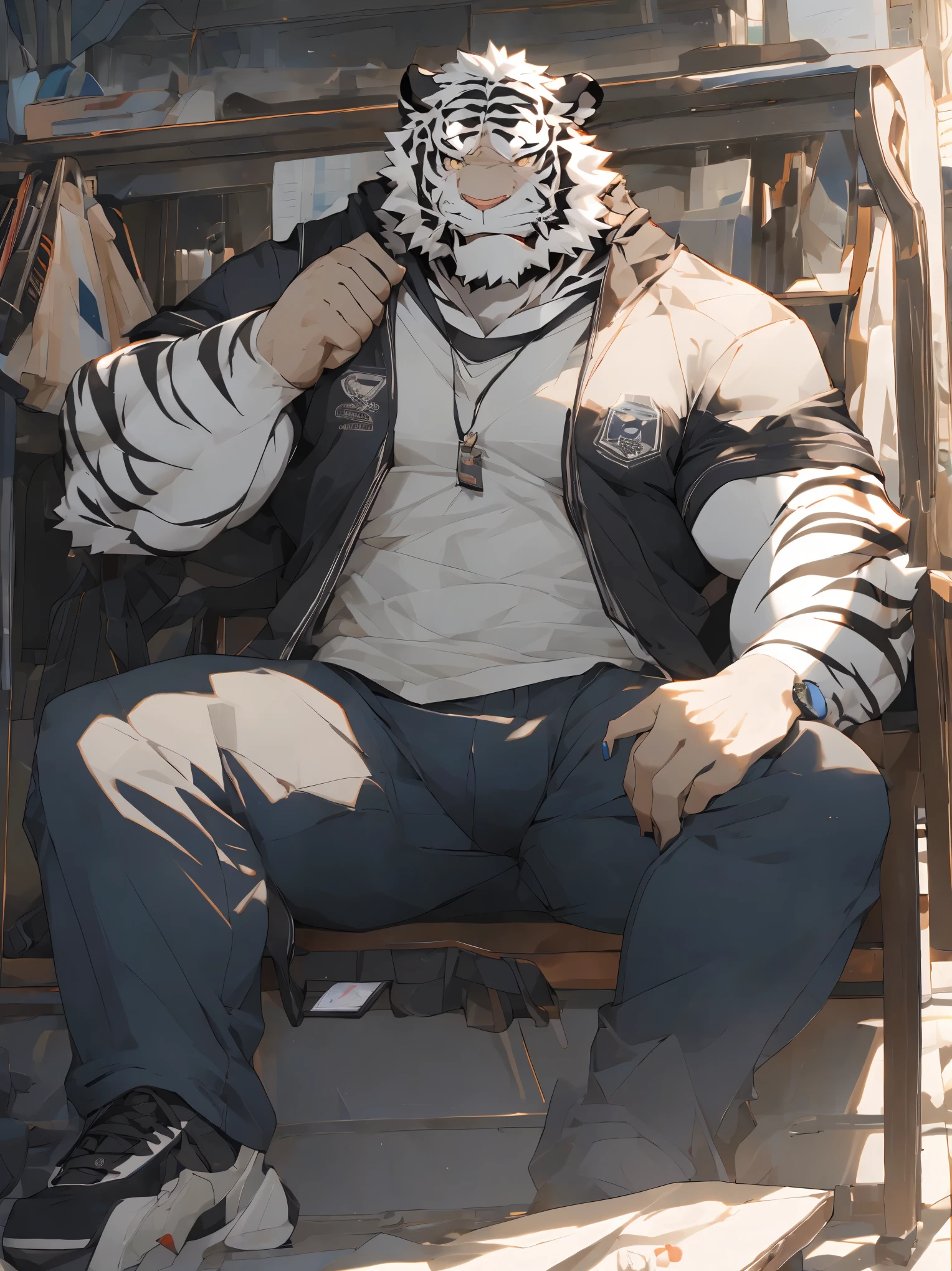 (masterpiece),(Very detailed),(best quality),hairy,,white hair,golden pupils,muscle,(((white tiger))),((Wearing student casual clothes)),((convex)),(Jump to camera 1.4),8k,((high quality)),Strong body,(White hair on chest and belly),body with black stripes,There is a bulge under the crotch,Fully dressed in student casual clothing,There are white hairs and black stripes all over the body,white tiger,white tiger,white tiger,white tiger,There is a bulge under the crotch