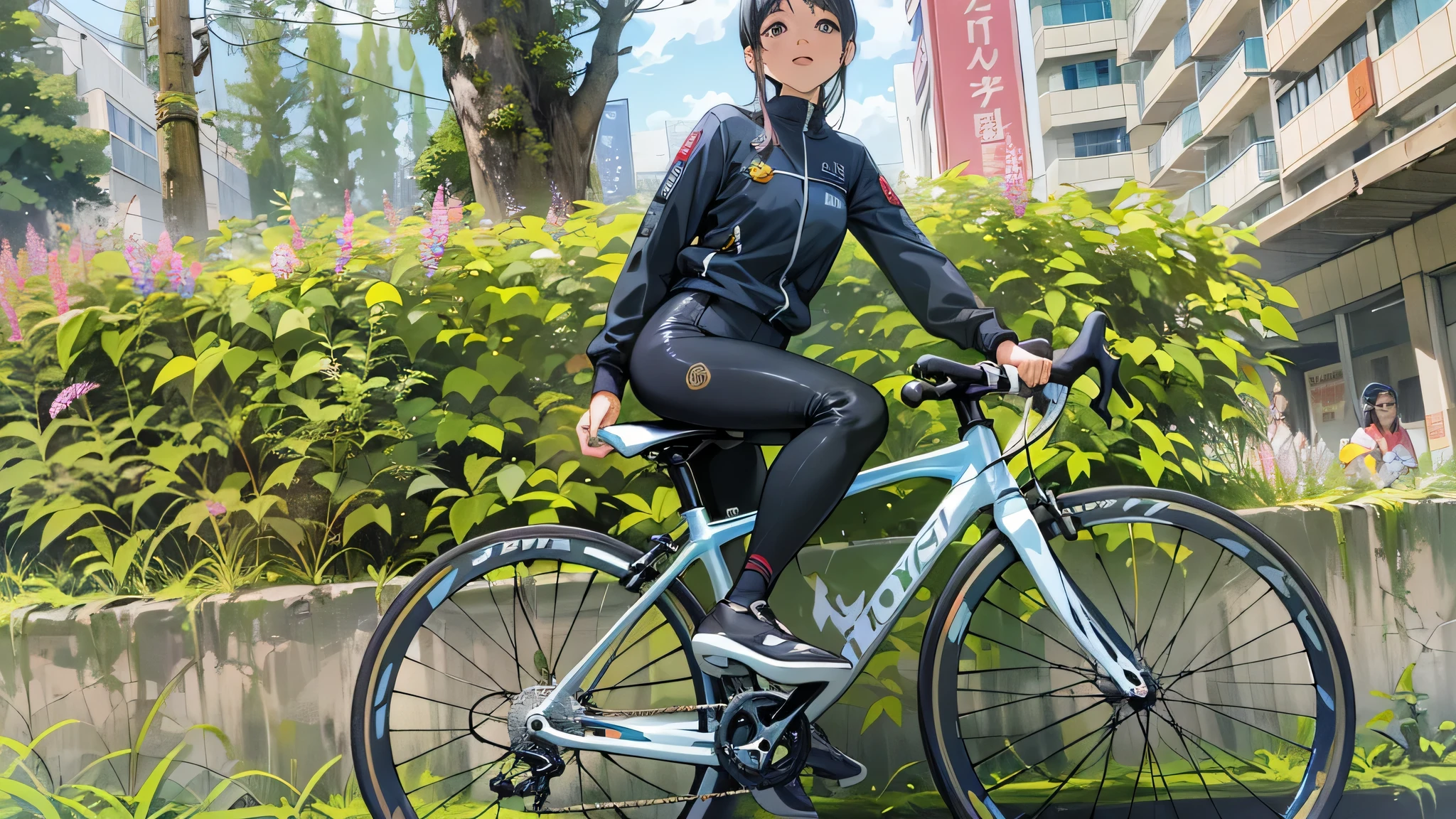 An arafe woman wearing a helmet and black top and sitting on a bicycle, cycling!!, 🚿🗝📝, portrait!!, Chiho, harumi, 🕹️ 😎 🚬, Happy!!!, tsutomo nihie, full body!!, 🤬 🤮 💕 🎀, Taken with iPhone, megumu okada, full_body!!
