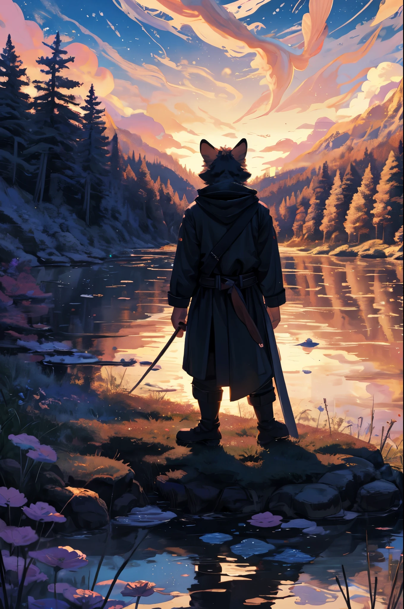 High-quality illustrations by Claude Monet, Impressionism, cover_page, highres, absurdres, detailed background, lake, dawn, detailed forest, clouds, Mysterious and romantic atmosphere, caustics surface(refraction, polarization)perfect anatomy(handsome 1boy, single, kemono, solo focus)volumetric lighting, Wet clothes, Water droplets(furry anthro)(very detailed body fur)full body, soft and delicate color palette, dramatic composition,