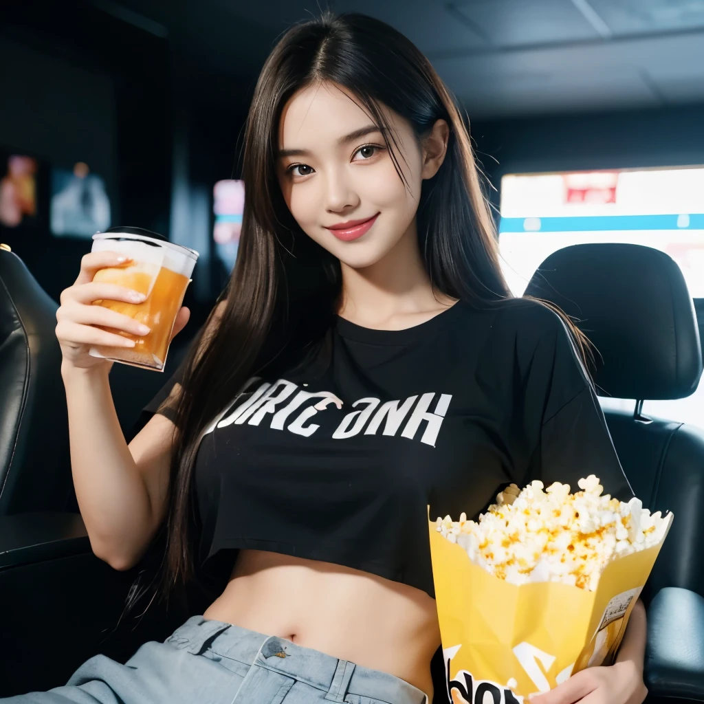 UHD, retina, Masterpiece, ccurate, Anatomically accurate., textured skin, super detaill, high detailed, High Quality, Award-Standing, Best Quality, high resolucion, 4k,Women over 20 years of age,adult woman,Beautiful Woman in Japan、beautiful asian woman、Beautiful Korean Woman、Sexual facial expressions,sexy poses,beautifull face,Black eyes,white skinned,small mouth,High cheekbones (definition),(realisitic:1.4), 1 beautiful Japanese girl, supermodel, (Theatre Auditorium:1.1), (Movie theater chairs:1.4), (popcorn:1.1), A broad smile, I'm watching a movie