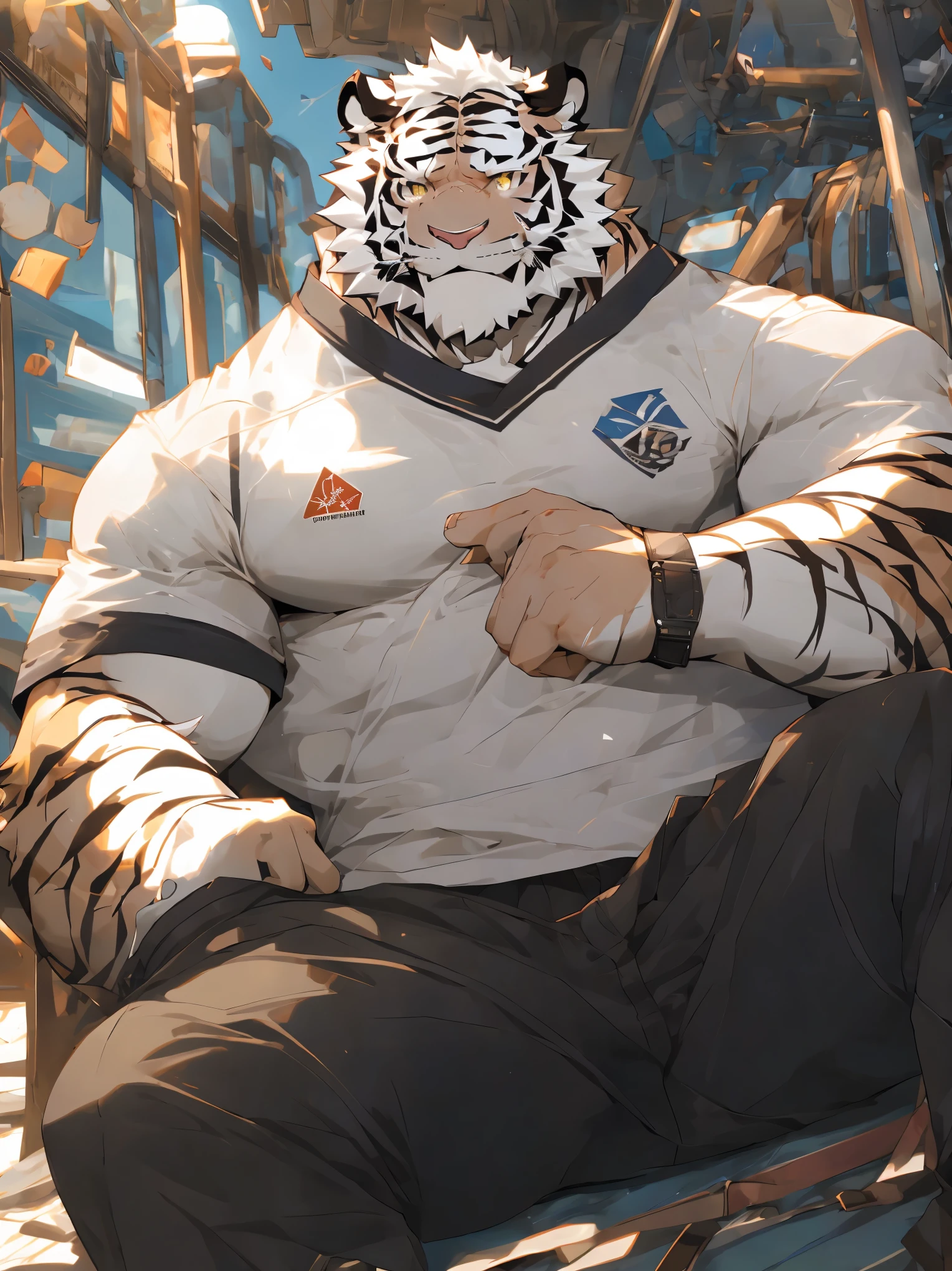(masterpiece),(Very detailed),(best quality),hairy,,white hair,golden pupils,muscle,(((white tiger))),((Wearing student casual clothes)),((convex)),(Jump to camera 1.4),8k,((high quality)),Strong body,(White hair on chest and belly),body with black stripes,There is a bulge under the crotch,Fully dressed in student casual clothing,There are white hairs and black stripes all over the body
