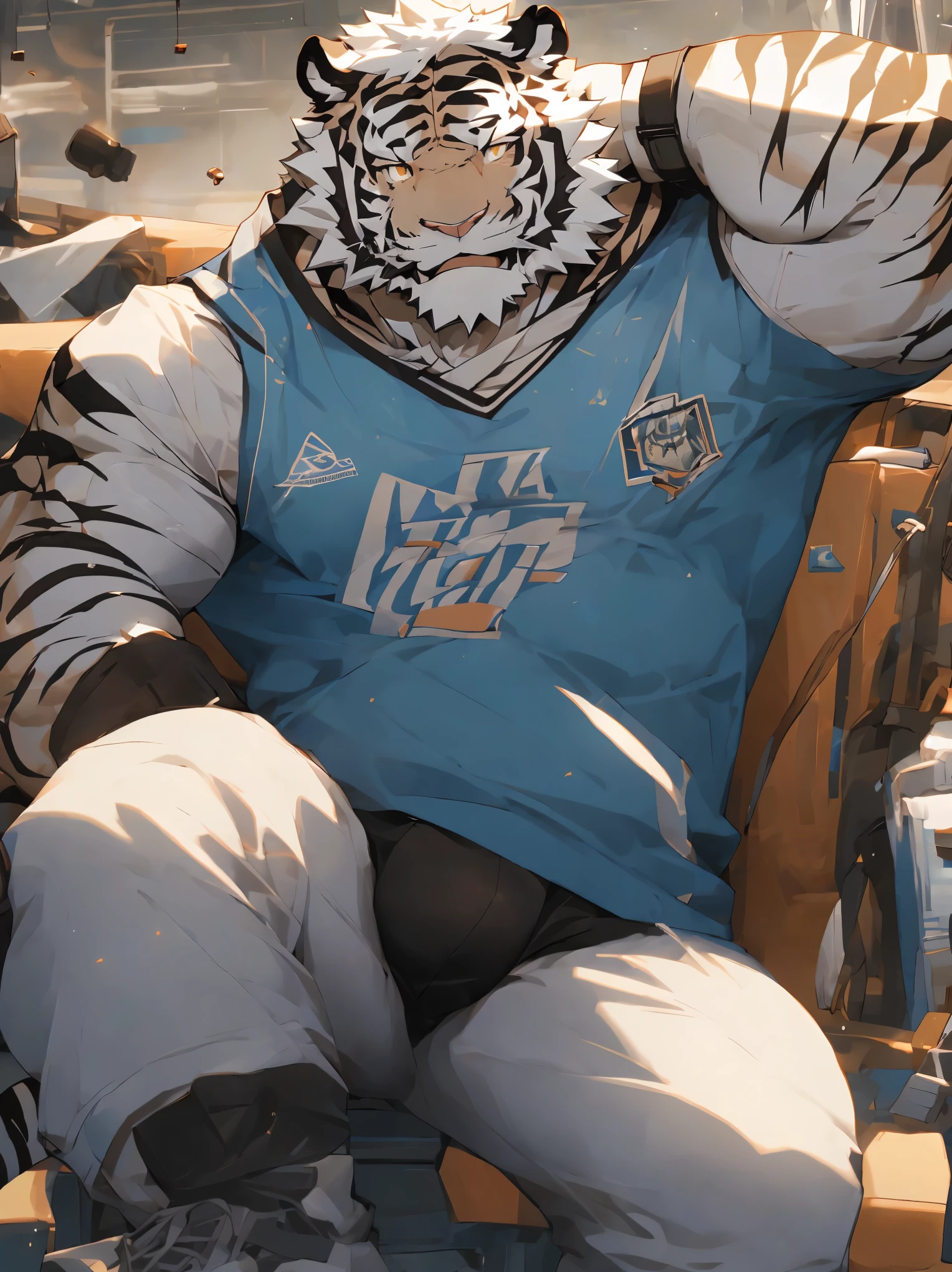 （masterpiece），（Very detailed），（best quality），hairy，，white hair，golden pupils，muscle，(((white tiger)))，((Wearing student casual clothes))，((convex))，(Jump to camera 1.4)，8k，（（high quality）），Strong body，（White hair on chest and belly），body with black stripes，There is a bulge under the crotch，Fully dressed in student casual clothing，There are white hairs and black stripes all over the body