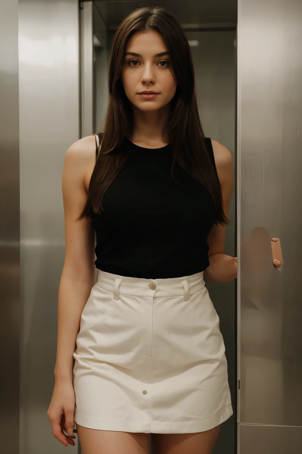 A portrait of a Burnette woman standing in the elevator