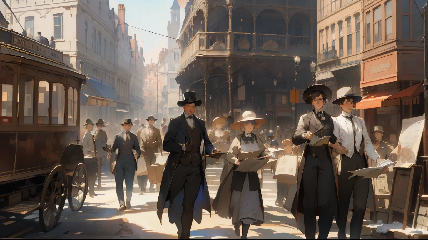 ((8k wallpaper)), (detailed), there are many people walking down the street with newspapers, by Jean Béraud, by Harrington Mann, james gurney painting style, 1900 illustration artwork, victorian city, by Marius Borgeaud, inspired by Jean Béraud, inspired by Carl Spitzweg, victorian era painting, style of raphael lacoste, victorian steampunk city vista