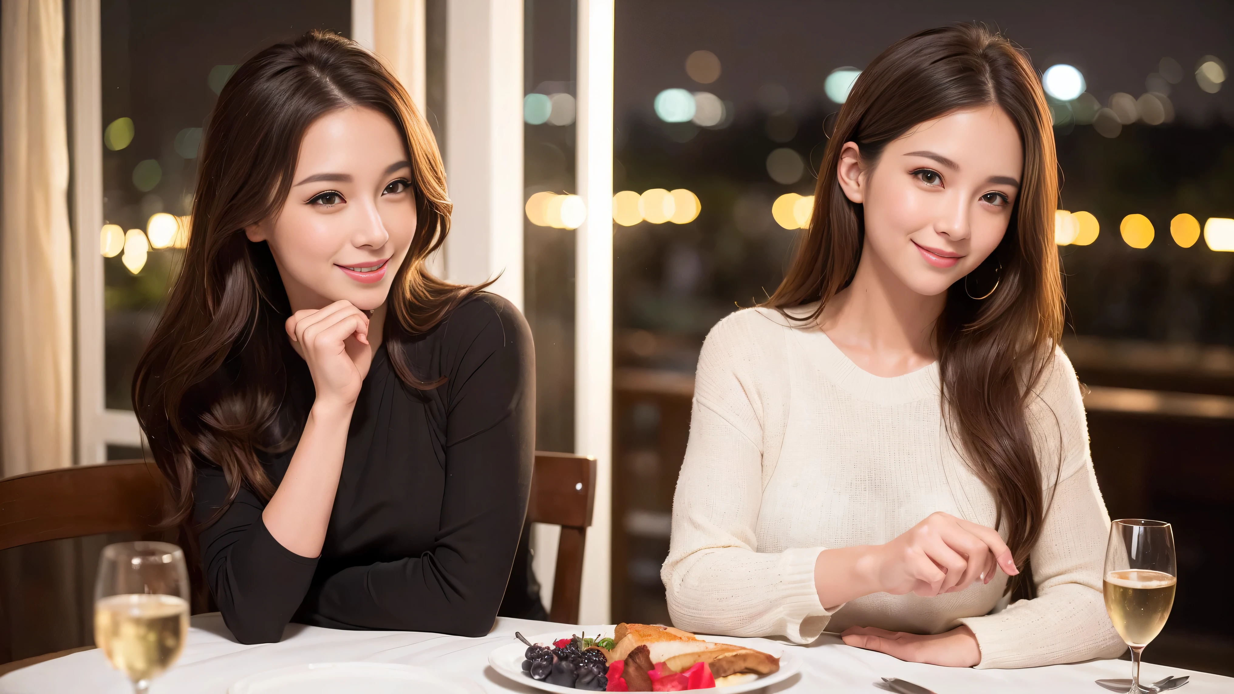 64k, Hmm, highest quality, masterpiece: 1.2), (realistic, photorealistic: 1.37), Super detailed,amazing sunset view、 slimな美女3名, (slimフェイス),Happy、 最高なsmile、Fox face、Berry Short、(because I'thin), (brown hair), (shortcut), long sleeve shirt、winter fashion、Colombian、Brazilian、Japanese、Dutch、German、Portuguese、Belgian、Italian、French,Champagne、sparkling wine、 (gush out), (slimボティ), (brown hair), (shortcut), neat beauty、cheeks turn a little red, (35 years old), 38 years old, alone, A beautiful and detailed night view spreads out outside the window...., restaurant, wine glassが座っている, At night, in a prominent place (from the Upper body) nova frog style, actress, model, Upper body, White wine, slim, wine glass, Very beautiful night view, wine glass Put in the Middle, Happy smile, (smile: 1.15),