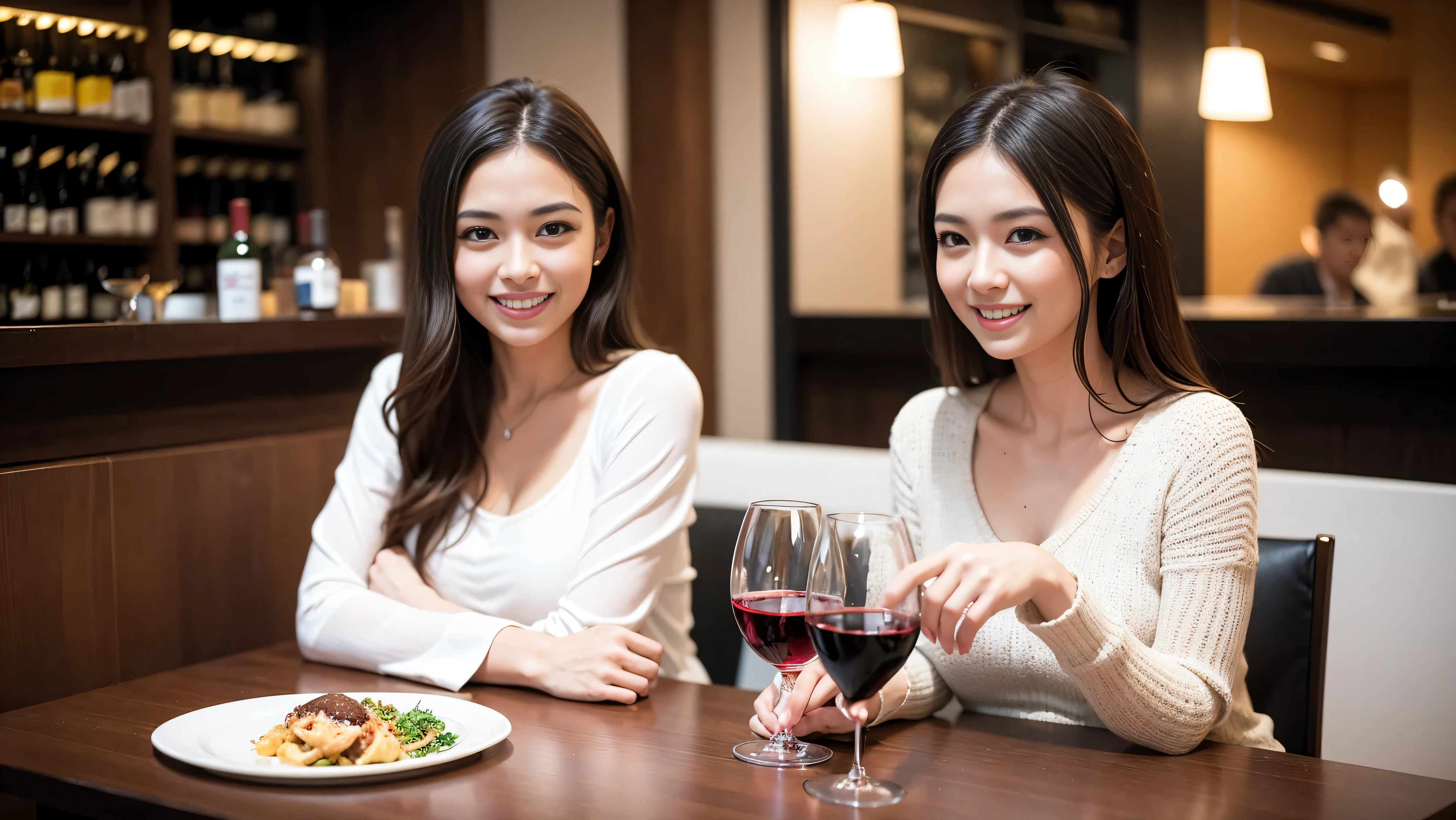 (including 64k, nffsw, highest quality, table top: 1.2), (realistic, photorealistic: 1.37), amazing sunset view、long sleeve shirt、winter fashion、Columbia、Brazilian、Japanese、Dutch、German、Portuguese、Belgian、Italian、French,Champagne、sparkling wine、 (slimフェイス), (slimボティ), (brown hair), (shortcut), neat beauty、cheeks turn a little red, (35 years old), 38 years old, alone, 窓の外には美しく緻密なnight景が広がります., restaurant, wine glassが座っている, nightに, in a prominent place (from the Upper body) nova frog style, actress, model, Upper body, White wine, slim, wine glass, Super Clean night View, wine glass Put in the Middle, Happy smile, (smile: 1.15), beautiful and detailed eyes, Upper body, bust japan up, night, short, short, actress, model, Upper body, White wine, slim, wine glass, Super Clean night View, wine glass Put in the Middle, Happy smile,