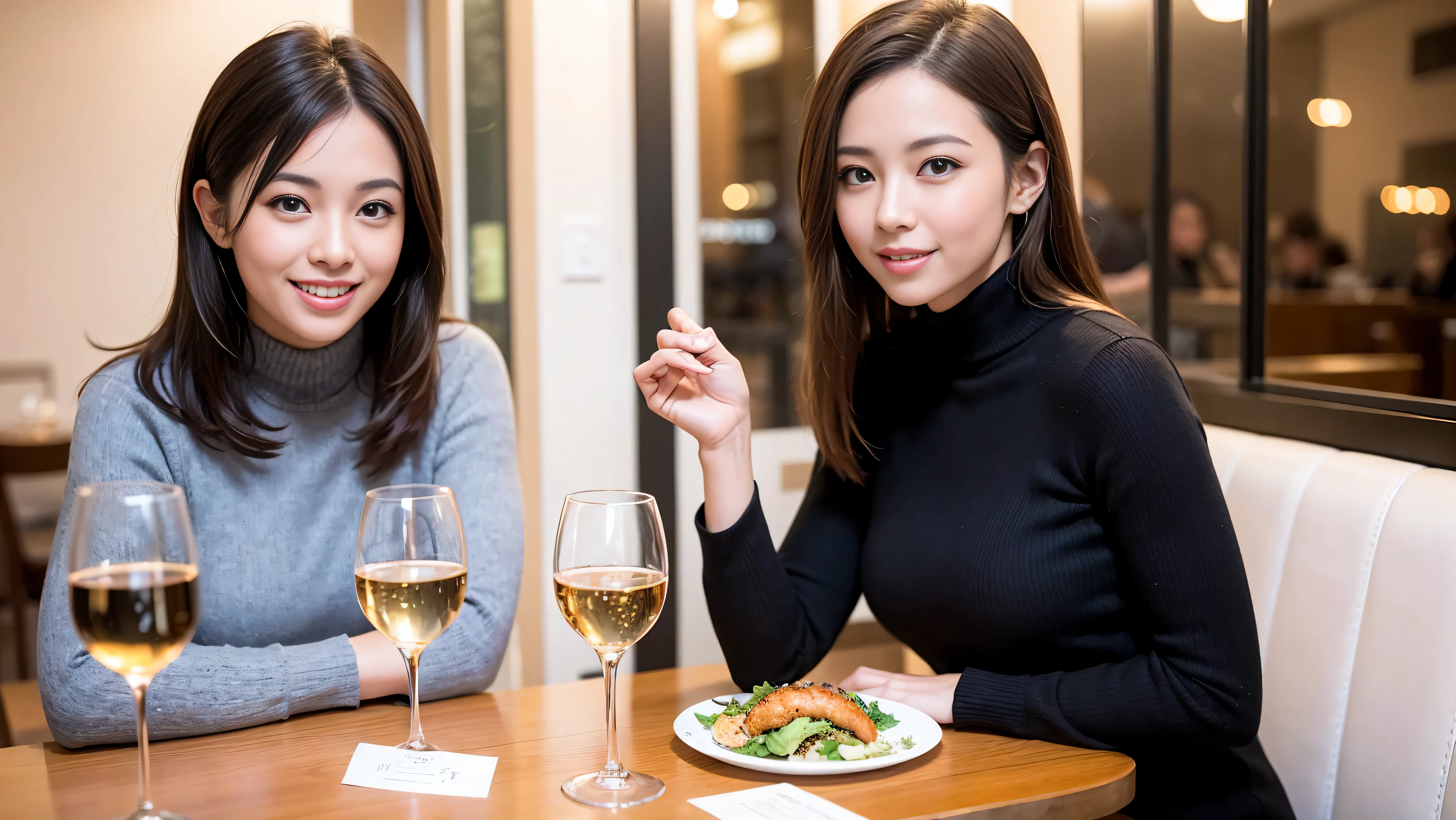 (including 64k, nffsw, highest quality, table top: 1.2), (realistic, photorealistic: 1.37), amazing sunset view、long sleeve shirt、winter fashion、Columbia、Brazilian、Japanese、Dutch、German、Portuguese、Belgian、Italian、French,Champagne、sparkling wine、 (slimフェイス), (slimボティ), (brown hair), (shortcut), neat beauty、cheeks turn a little red, (35 years old), 38 years old, alone, 窓の外には美しく緻密なnight景が広がります., restaurant, wine glassが座っている, nightに, in a prominent place (from the Upper body) nova frog style, actress, model, Upper body, White wine, slim, wine glass, Super Clean night View, wine glass Put in the Middle, Happy smile, (smile: 1.15), beautiful and detailed eyes, Upper body, bust japan up, night, short, short, actress, model, Upper body, White wine, slim, wine glass, Super Clean night View, wine glass Put in the Middle, Happy smile,