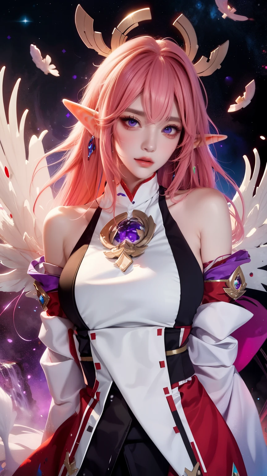 ( absurd, high quality, Super detailed, masterpiece, concept art, Smooth, High detail artwork, hyper-realistic , high resolution, paint splatter, Color splash, splash ink, Color splash), ((rainbow hair)),Elf, Plum Elf, Plum , transparent elf wings, Wearing only his underwear,huge ,low cut,like story, Romantic, vivid, whole body,hands behind back,Shy,big eyes,purple eyes,(eye focus),cosmic eye,space eye,Surround yourself with nature with waterfalls,Pure love face_v1,ulzzang-6500-v1.1,