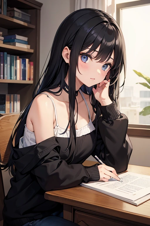 looking up, Upper Body, Realistic, real person, (pale skin: 1.2), RAW photo, photorealistic, portrait photography, shiny skin, shiny hair、(A 25-year-old woman with straight hair and bangs) and (medium hair) and (black hair) and (purple eyes) and (closed eyes), (white) and (Off-the-shoulder blouse) and (long sleeve) 、Cleavage、surprised, The background is the living room、Alone、Are standing, 1girl, anime, black eyes, long black hair with square bangs, very long black hair, super long black hair, skirt and stockings, ((black thigh highs)), ((garter)), adult, hourglass figure, nerdy, bed, books, PC desktop, laptop, (happy), (((ribbed white sweater)))