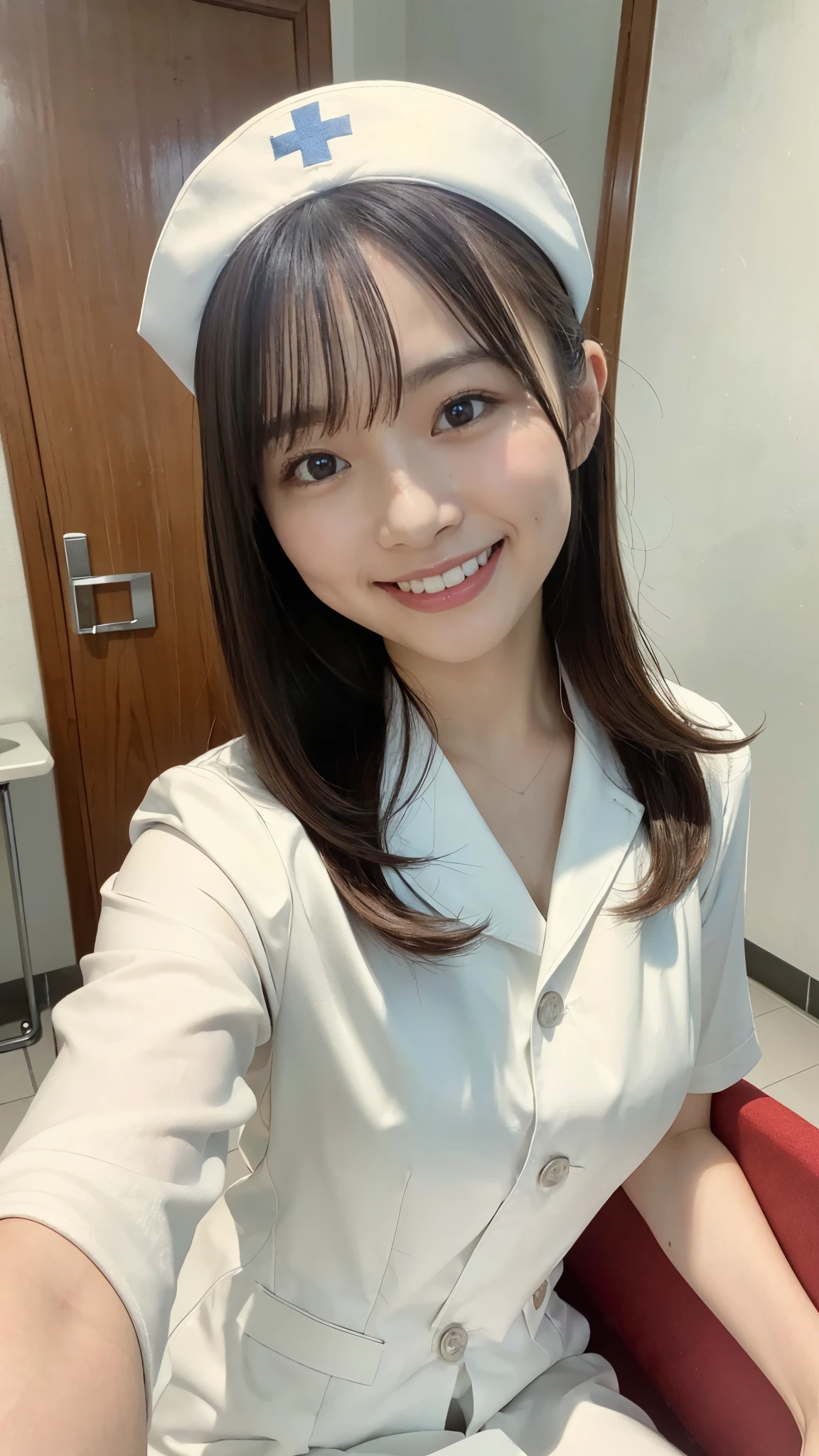 ((1 nurse,white nurse uniform、miniskirt、Basic Nurse Cap,All white,short white tight skirt,Photo seen diagonally from above,Take a photo from above,Look at me with a smile,looking at camera,look at the camera,Treatment room in a hospital room,have a clipboard,Take photos from up close to her)),very detailed顔、wear a stethoscope around your neck,double eyelid、white and clean teeth,brown eyes,chest enhancement,emphasize body line,smile at me lovingly、gentle expression、beautiful lips,Detailed depiction of the background of the hospital room,perfect lighting、Award-winning work,table top,Natural light,natural soft light)),((looking at camera,big smile,white teeth,A big smile,カメラを見つめるA big smile),((High-definition RAW color photo, professional photos, very delicate and beautiful, very detailed,finely, huge file size,best image quality,8k,Photo taken with a single-lens reflex camera、extreme intricate detail, 120k, ultra hd, masterpiece))