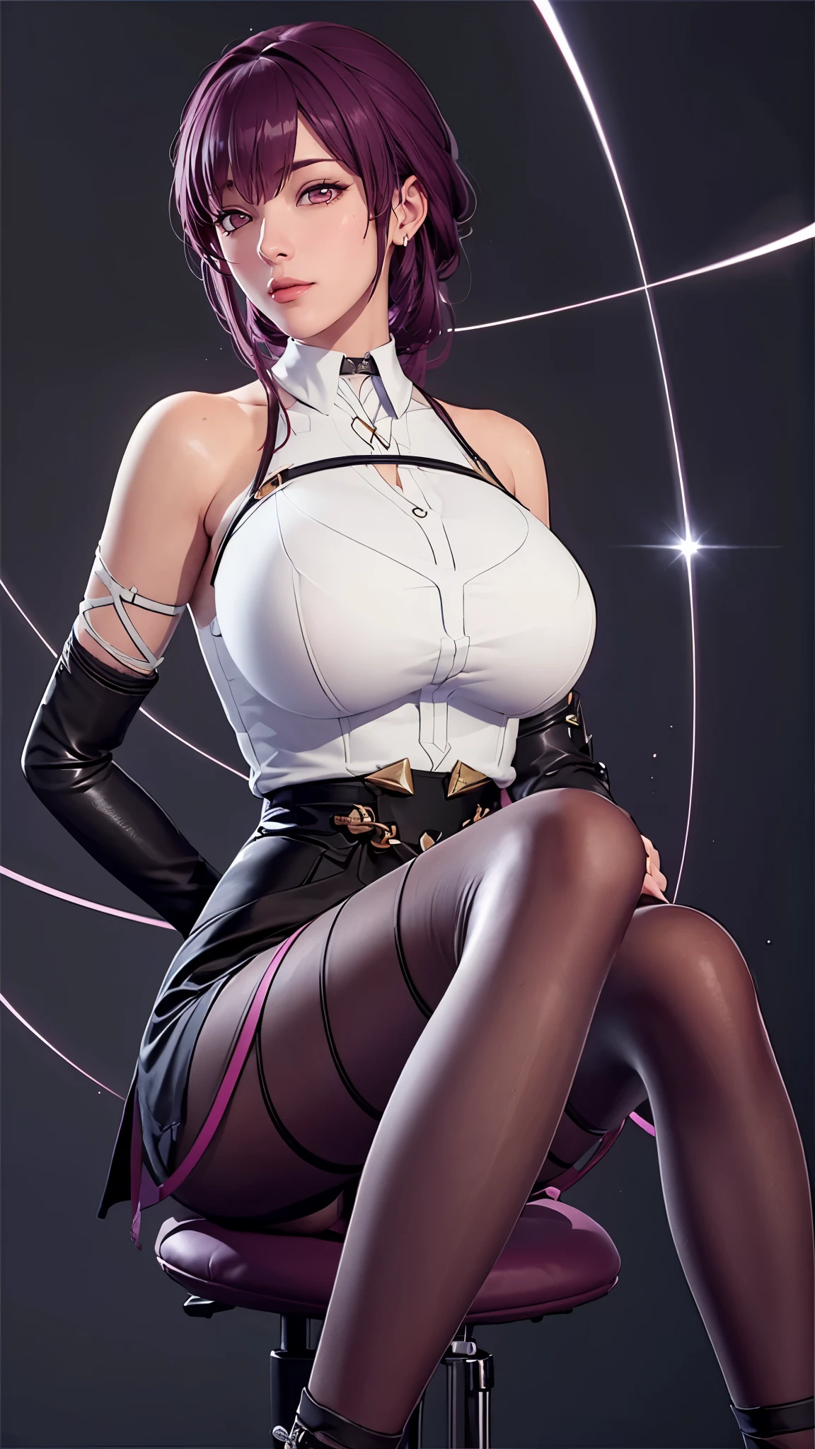 （（（完美figure，figure，Silver brooch at the neckline，There is a fuchsia lace at the cuffs，As well as a long streamer on the back，Wearing a white shirt underneath，Wear black leggings on the bottom，He wears a silk scarf on the left side，Purple stockings，Leggings and stockings are connected with cross straps，Straps are strangled on the chest and arms，The surface of the coat is dotted with huge patterns，Extends from the back to the sleeves，Web texture on both shoulders，Cuffs and gloves included，（（（Kafka\(character\)，Sunglasses accessory on top of head，purple hair，Fuchsia pupils， ））），S型figure:1.7））），((masterpiece)),high resolution, ((Best quality at best))，masterpiece，quality，Best quality，（（（ Exquisite facial features，looking at the audience,There is light in the eyes，blush，Happy））），（（（Interlacing of light and shadow，huge ））），（（（looking into camera，sit on the chair）））