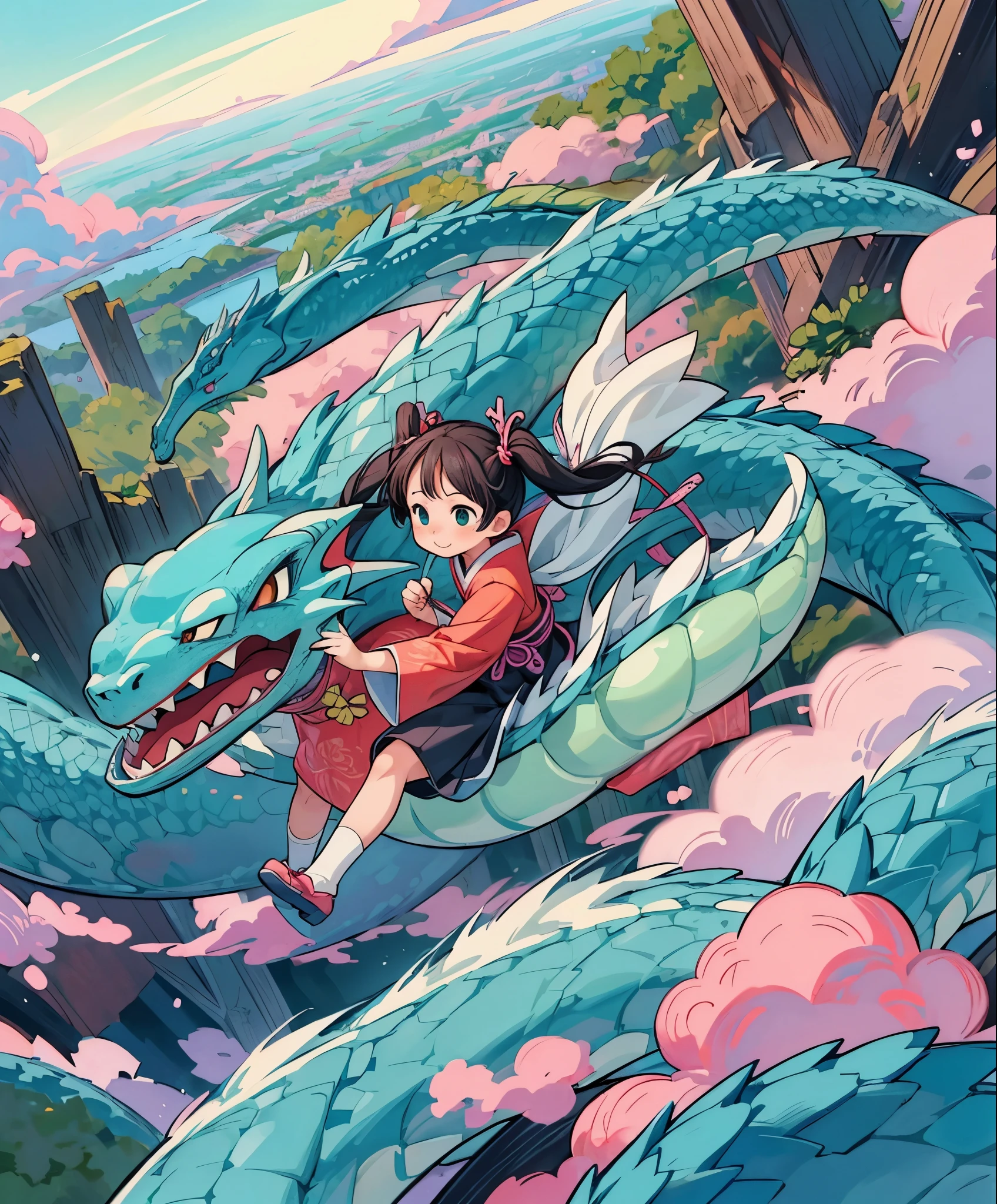 (masterpiece、highest quality、highest quality、official art、beautiful beautiful:1.2)、(1 girl:1.3)Hatsune Miku、twin tails,There is a cartoon picture of a dragon flying in the sky, (((1 Girl riding a dragon))), kimono girl, anime style, Photo album, Ghibli, Japanese animation style, (Vibrant and majestic Chinese dragon:1.2), ( elongated dragon), (((Traditional dragons of Japan))), sunrise sky, detailed dragon hand,