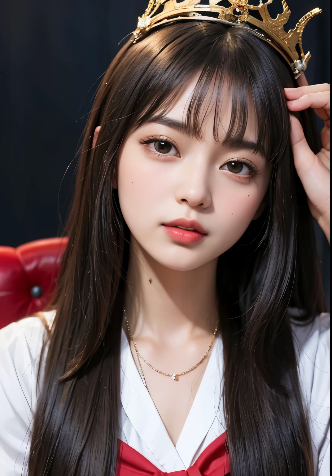 ((highest quality))、(masterpiece:1.3)、Raw photo、8k、(best image quality)、(highest resolution)、Beautiful face in every detail、realistic、Photoreal、(the most beautiful woman:1.3)、(the finest woman:1.3)、high school girl、(small face)、long hair、straight hair、school uniform、(high school girl uniform)、(The prettiest girl)、(The queen bee:1.3)、(The cutest girl)、(She's Out of my league)、((attract people))、(temptation)、(the most beautiful girl in school:1.3)、(night party:1.3)、(Luxury woman:1.3)、(school queen:1.3)、(With bangs)、(luxury room)、((18 year old beauty))、beautiful hair、long neck、tie、(queen throne:1.3)、everyone admires、summer、short sleeve、red cheeks、(Big eyes)、necklace、cute hairstyle、[[[smile]]]、ring