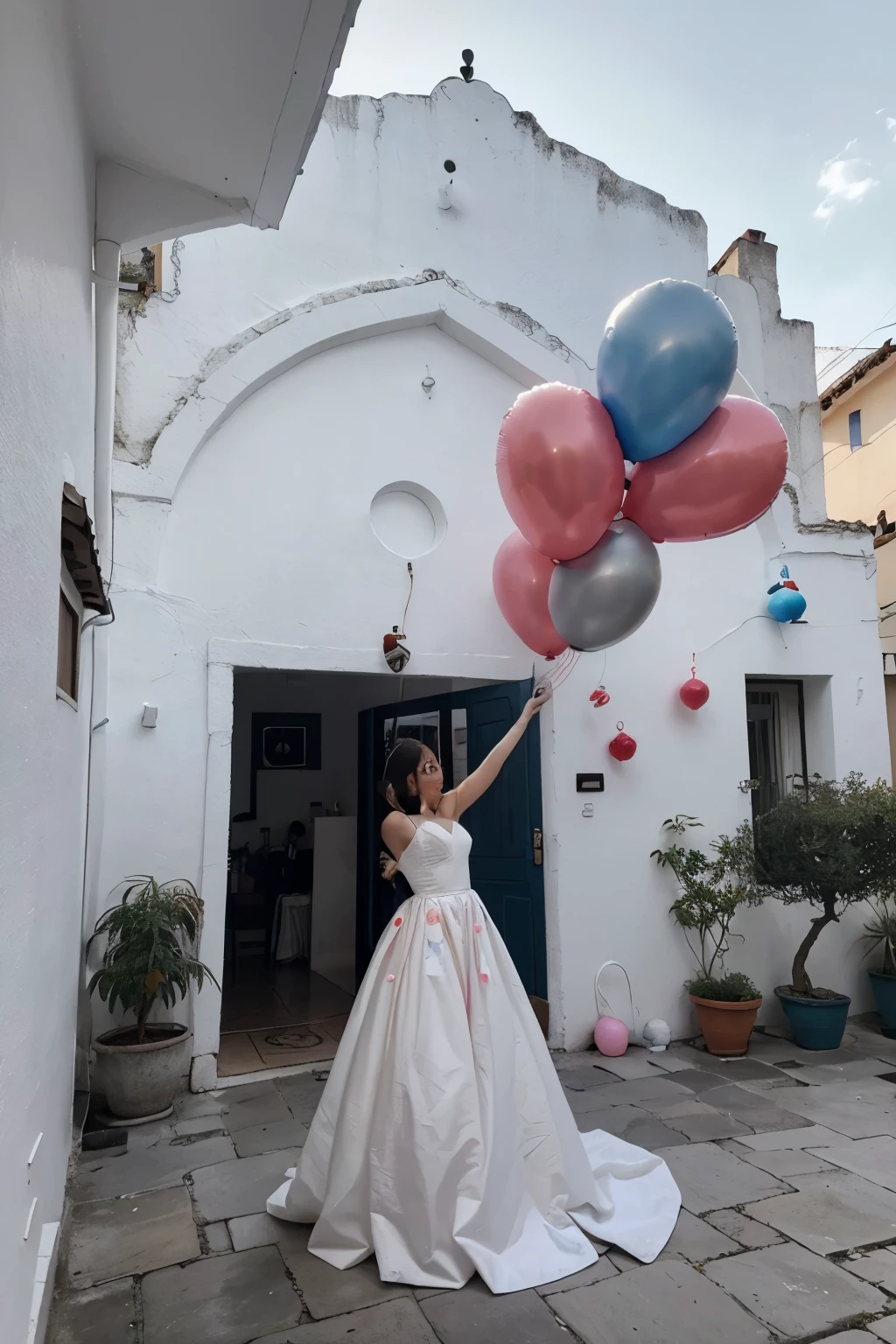 create a photograph showing an arrangement of pink and blue balloons surrounding a white curtain.
La imagen presenta un arco hecho de globos en tonos ????? y dorado, creando una entrada o marco visualmente atractivo.
The balloons are tied with ribbons that fall gracefully to the ground.
En el centro del arco de globos, hay una cortina blanca que fluye, possibly indicating an entrance or a special space behind it.
El suelo parece ser de un material liso y claro, complementando los colores vibrantes de los globos.
The overall atmosphere conveys a festive and joyful feeling., typical of celebrations or special events.