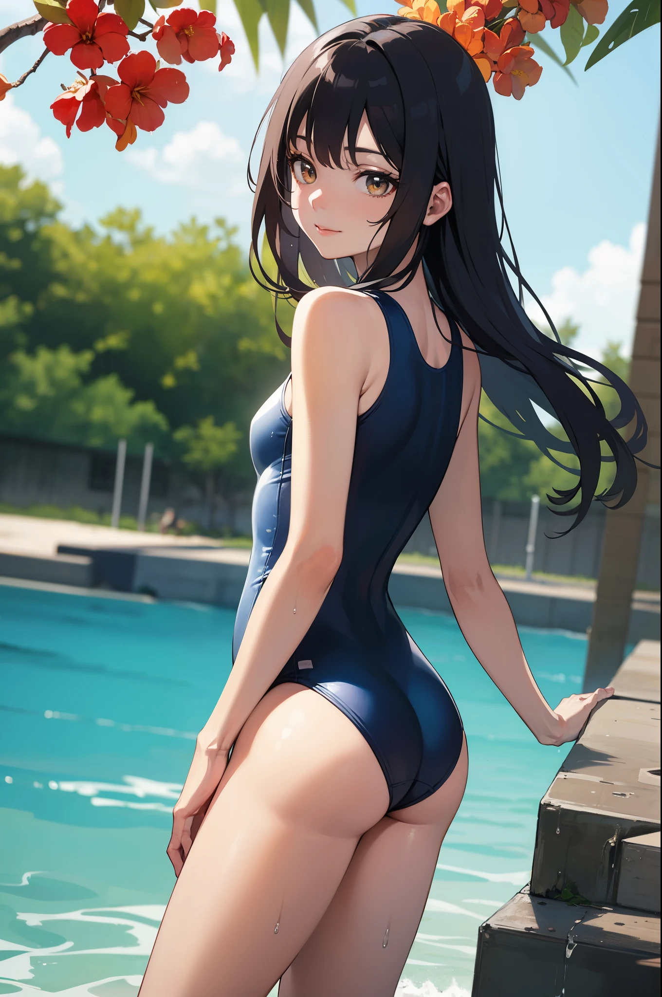 (masterpiece, best quality, 8k ultra high resolution:1.4), (Tropical, Beachside, Flowers: 1.4), depth of field, cinematic focus, from dramatic angle, emotional composition, (hip pose, from back cowboy shot: 1.1)
BREAK
young kawaii girl, slender body, flat chest, provocative and smirk and love face expression, ultra detailed shiny skin, dark blue one-piece swimsuit, (wet and shiny detailed swimsuits: 1.2), wet and shiny thighs, perfect and beautiful hip line
BREAK
(realistic: 1.2), beautiful bob hair, wind, detailed in the wind, petals dancing in the wind
BREAK
ultra detailed crystal eyes, bright orange eyes