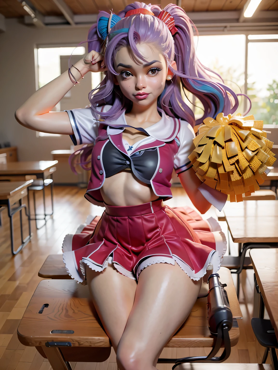 (best quality,ultra-detailed,realistic:1.37),girl,smiling,cheerleader outfit,blonde hair,patterned underwear,up skirt,raising leg,early evening,classroom,cheerleading pompoms, bright and vibrant colors, soft lighting