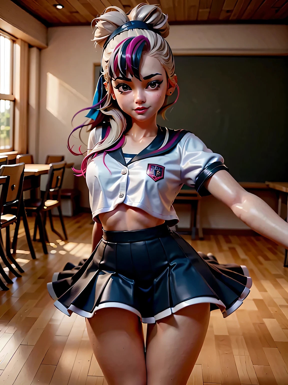 A girl in a classroom, wearing a colorful cheerleading uniform with a multicolor hair pattern, is smiling brightly. The classroom is dimly lit, indicating it is early evening. The girl's uniform is made of a high-quality material, with an attention to detail that brings out the vibrant colors and patterns. The uniform has no thin buttons, ensuring durability. The girl's hair is styled in a way that complements the multicolor pattern, adding to the overall visual appeal. She is lifting her leg gracefully, showcasing her flexibility and cheerleading skills. The composition of the scene emphasizes the girl's energy and enthusiasm. The lighting in the classroom casts a warm glow, enhancing the cheerful atmosphere. The prompt ensures the highest image quality possible, with sharp focus and vivid colors. The aim is to create a visually stunning masterpiece, capturing the spirit of the cheer girl in a vibrant and realistic manner.