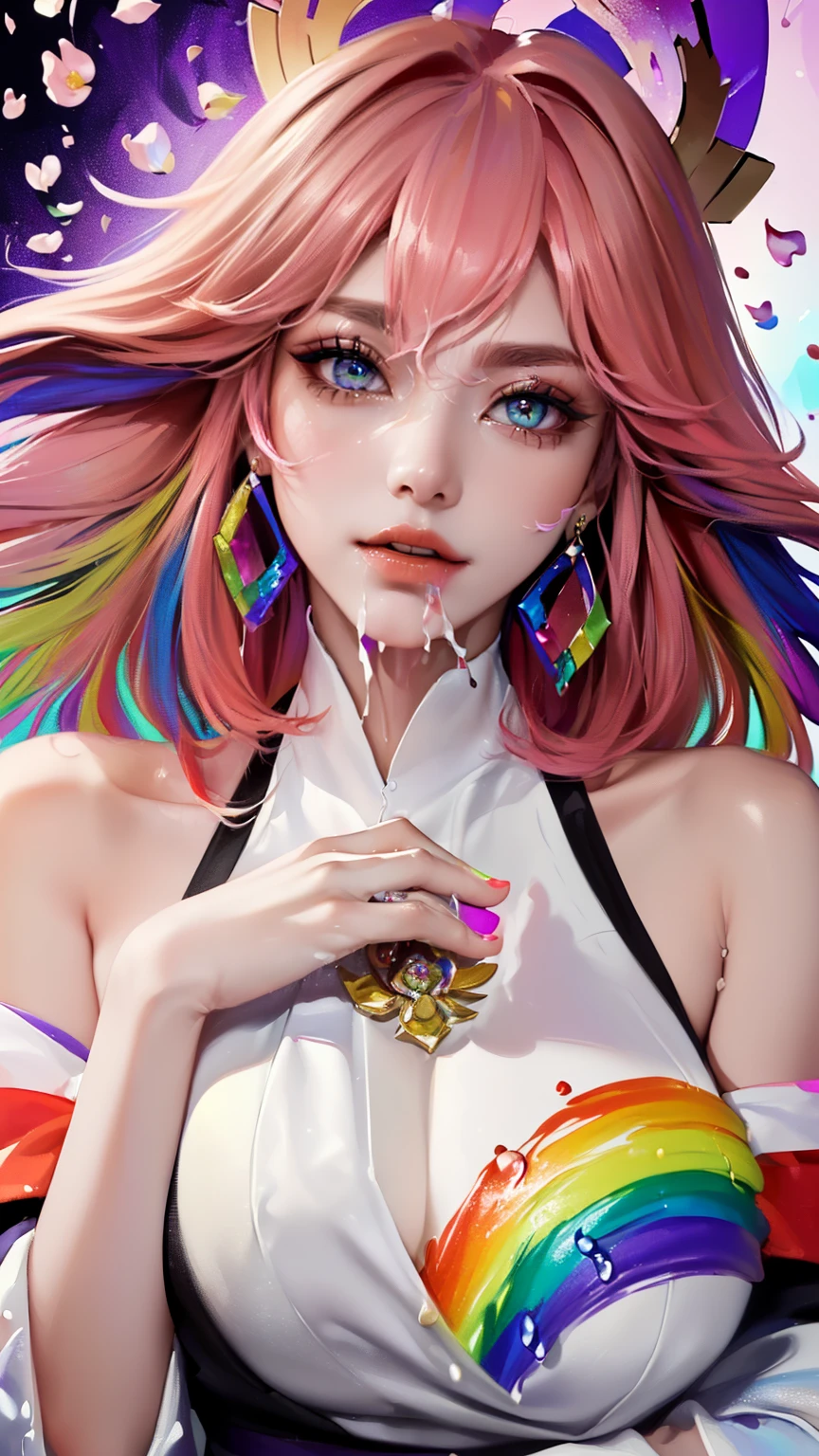 (Pink fashion T-shirt:1.9),(Colorful hair: 1.8), (All colors of the rainbow: 1.8),(((((vertical paintinging:1.6))), (paintinging:1.6),front, 漫painting, illustrations, paintingings, big eyes, crystal clear purple eyes,( Colorful gradient hair,headgear:1.7), Exquisite makeup, Keep your mouth shut,(Little fresh: 1.5),(Wipe Chest: 1.6) ,long eyelashes, White off-shoulder T-shirt, white shoulder shirt,looking at the audience, big eyes, (rainbow colored hair:1.6), 色彩飞splash, (alone:1.8), 色彩飞splash, color explosion, thick painting style, messy lines, ((Shiny)),(rich and colorful), (rich and colorful), (rich and colorful), rich and colorful, Thick painting Style, (splash) (Color splash), Vertical paintinging, Upper body, painting splash, acrylic paint, slope, painting, Highest image quality, best quality, masterpiece, alone, depth of field, Face painting, rich and colorful clothes, (elegant: 1.2), Gorgeous,long hair, wind, (elegant: 1.3), (petal: 1.4),(((masterpiece))),(((best quality))),((Super detailed)),(illustration),(dynamic angle),((floating)),(painting),((disheveled hair)),(alone),(1 girl) , (((Detailed anima face))),((Beautiful and delicate face)),collar,bare shoulders,Colorful hair, ((rich and colorful hair)),((Striped hair)),Beautiful and delicate purple eyes,(slope color eyes),(((rich and colorful eyes))),(((rich and colorful background))),(((high saturation))),(((surrounded by rich and colorful splashes))),huge