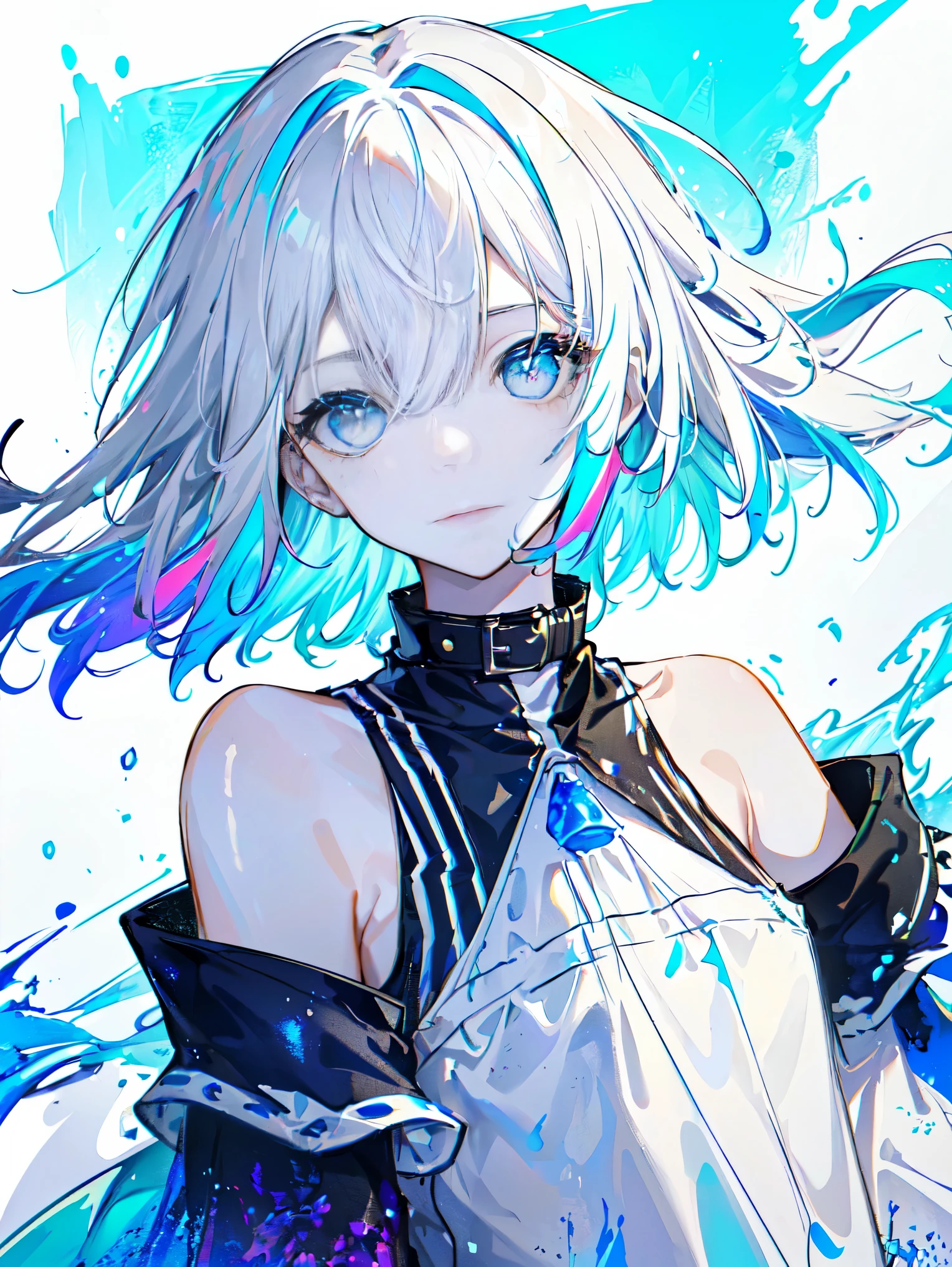 (((masterpiece))),(((highest quality))),((super detailed)),(figure),(dynamic angle), ((floating)),(paint),((messy hair)), (alone),(1 girl), ((small_chest)), (((Detailed anima face))),((beautiful and detailed face)),collar,bare shoulders, gray hair, ((colorful hair)),((striped hair)), detailed and beautiful eyes,(gradation color eyes),(((colorful eyes))), (((colorful background))),(((high color saturation))),(((Surrounded by colorful splashes))),(((surrounded by colorful dots))),colorful bubble,((shining))