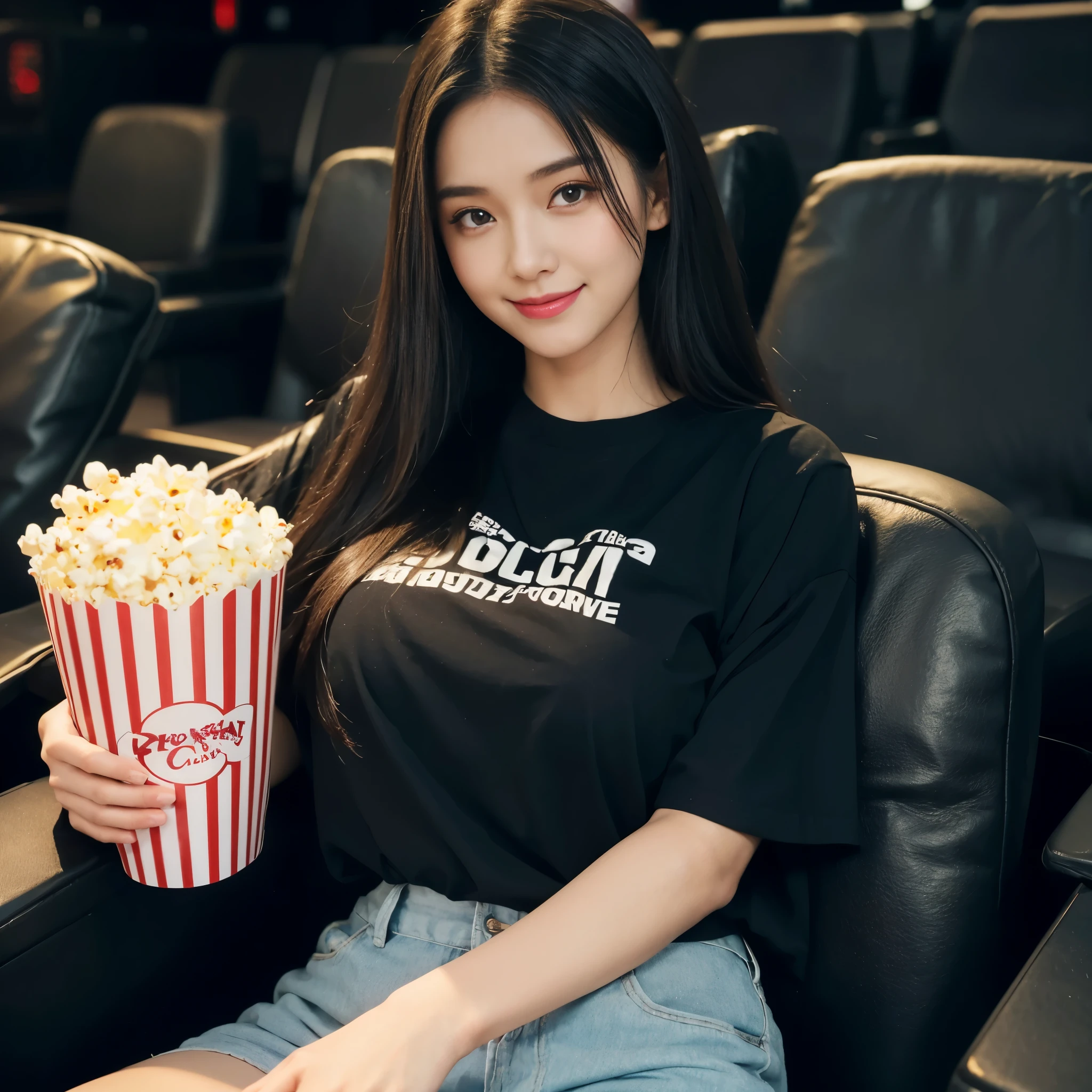 20 year old girl,Beautiful girl,big breast,long hair, oversized black t-shirts and pant, cute smile,cute girls bag on back ,popcorn in her hand,set on theater sit, comfortable sit, photo from cinema theater, ready for movie show, crowded theatre,8k , 16k, hyper realistic, hyper details, dark light,