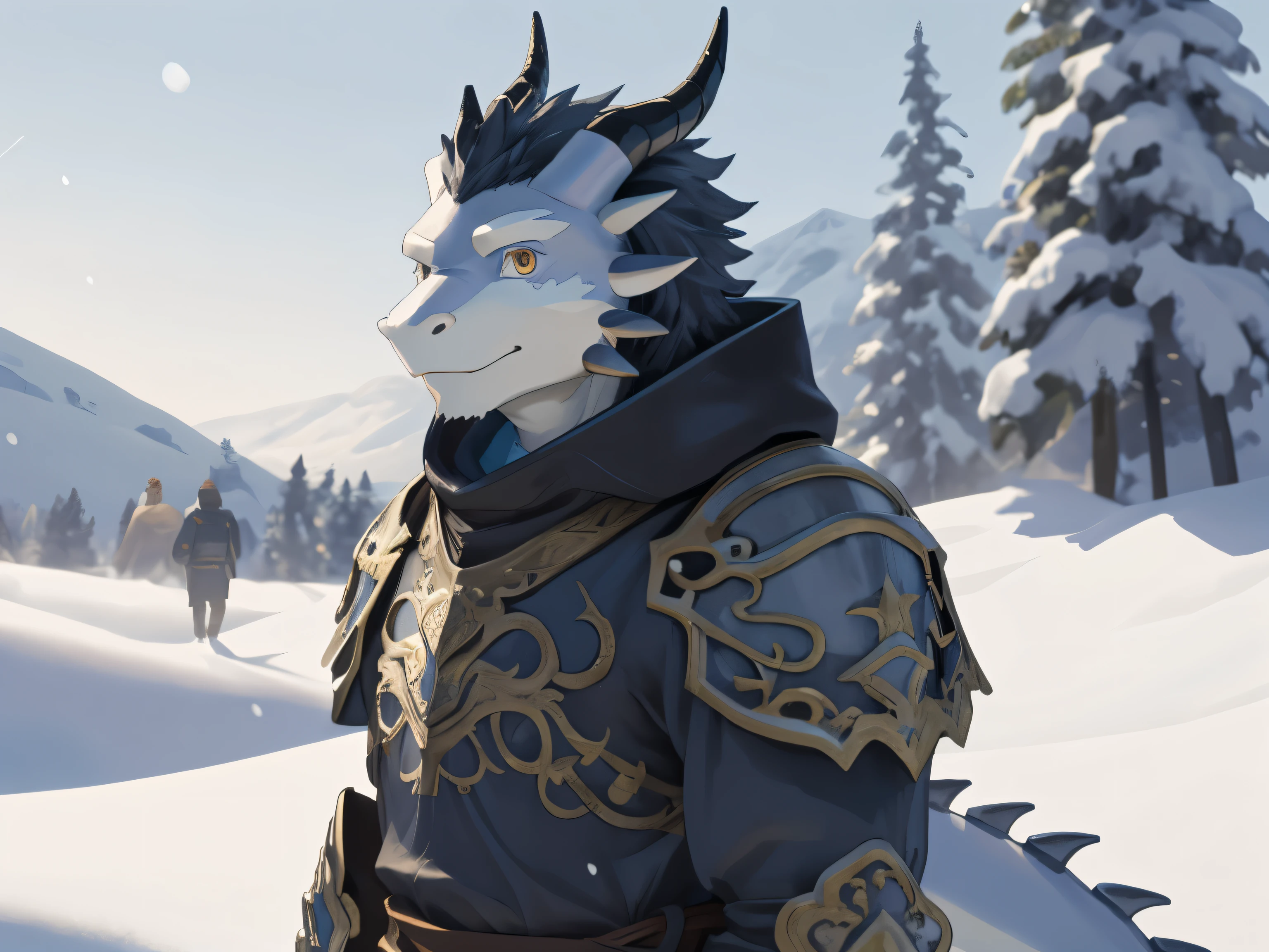 alone, (middle aged male), (strong body), Male human oriental dragon:1.3, Body as white as snow, sky blue head, noble，Paladin，type，enthusiasm，(Full body silvery white ornate metal armor, warrior, gold and silver pattern: 1.2),, dragon tail, golden dragon horn，(full body portrait), (exquisite eyes, golden eyes): 1.1, (outdoor: 1.35), snowfield，morning