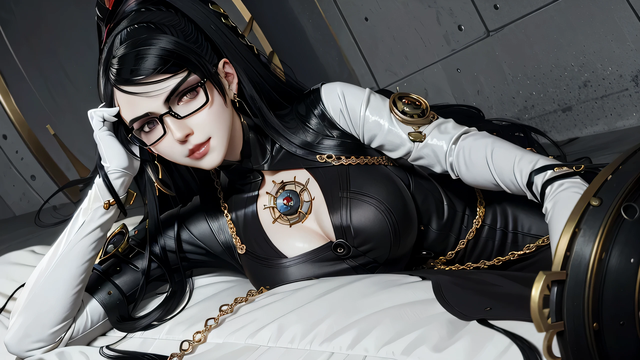 Bayo, bayonetta, 1 girl, alone, mole under mouth, Glasses, black hair, mole, jewelry, compensate, earrings, smile, eye shadow, portrait, long hair, lips, lipstick, gray eyes,whole body、perfect body,(Lie:1.3),