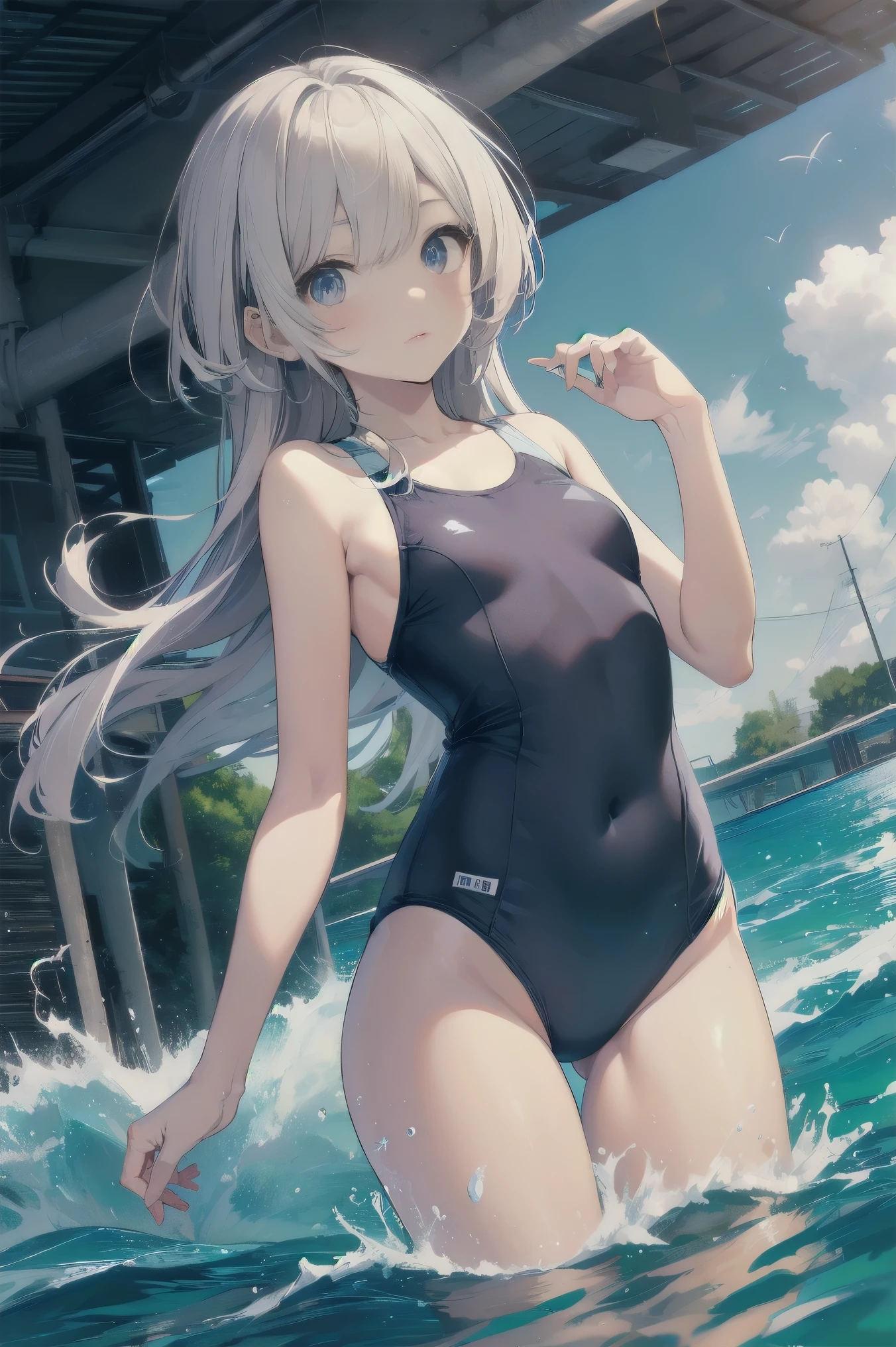 High quality、highest quality、complete limbs、Ultra high definition、vivid colors、Sparkling eyes、full finger、slender beauty、knee high、school swimsuit、school swimwear、back angle、surprised