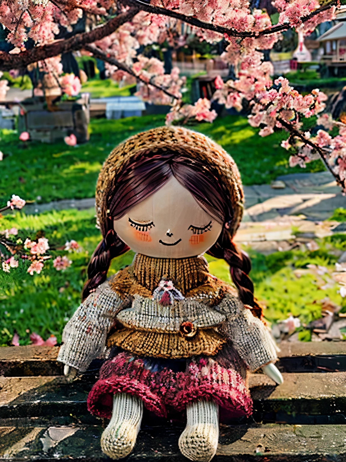 (masterpiece, best quality:1.2),knitted doll，smiley face，riverside，under the cherry blossom tree，Cherry blossoms all over the ground，Sakura petals flying background，Sakura petals are floating in the air，depth of field，backlight，Light particles flutter，Light effect，8k