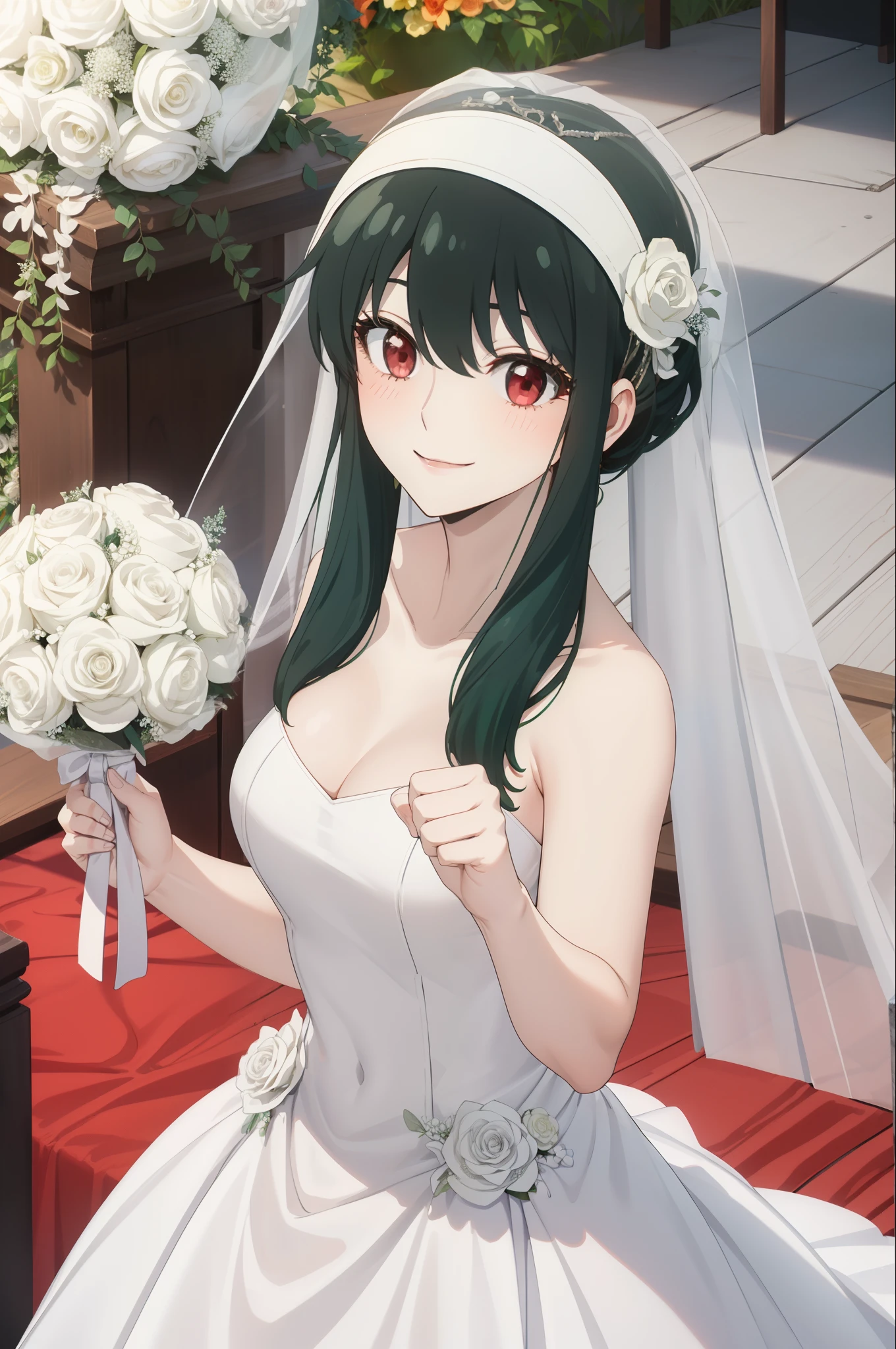 masterpiece, highest quality, 8k, ultra high resolution, highest quality, best writing, beautiful face, (black-green hair:1.3), Long hair Short hair、red eyes、(Wedding dress:1.3)、(white veil:1.3), bouquet, (wedding ceremony:1.3), outdoors, smile, Slender, free pose