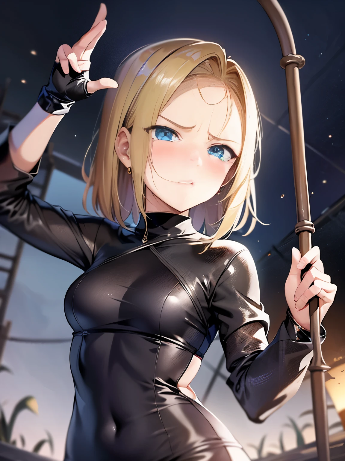 highest quality, High resolution, AND18, 1 girl, android 18, alone, blonde hair, blue eyes, short hair,earrings,big breasts, frown,blush, Sweat,Are crying,a regretful face,Black tight suit,streak, Raise your arms high and tie them with a rope,hanging in the air,looking at the viewer。Bottomless swamp,the sky is cloudy,The water surface is black and murky,it's raining,