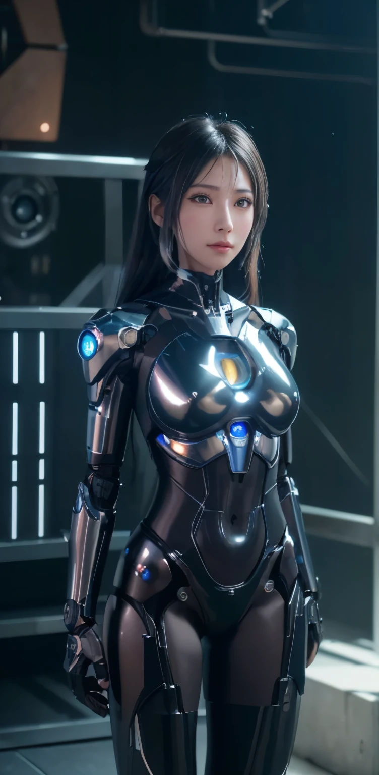 masterpiece、((black metallic talic scales ))、 ((plug suit)), ((beautiful girl:1.2))、i don't'T'no armechanized body、Mechanized chest and abdomen、mechanized occiput、Mecha leg rack metallic suit that fits perfectly to the body、 Are standing、tied up、金属robot、((cyberpunk background))、(neon light)、(futuristic machine factory background)、cyberdyne、Artificial bodies、All metal body、ironwork、abdominal mechanism、((robotアームとハンド))、((robotの脚))、((machine neck))、inside the spaceship、beautiful girl、、asian beauty, (Actuator and cable exposed from abdomen.、金属robotの首から胴体まで接続、Complex 3d rendering beauTiful porcelain profile super become familiar withd female android face、cyborg、robot部品、150mm、Soft light in a beautiful studio、rim light、vivid details、gorgeous cyberpunk、Ren Hao、超realistic、anatomical、facial muscles、cable wire microchip、elegant、beautiful background、octane rendering、HR giger style、8k、highest quality、masterpiece、enlightenment、very delicate and beautiful、 非常にbecome familiar withなCG、unity、wall-、(realistic、Photoreal:1.37)、wonderful、become familiar with、masterpiece、highest quality、official art、Highly become familiar withd CG unity 8k wallpaper、absurd、信じられないほどabsurd、、robot、silver beads、Full body Esbian、 Are standing