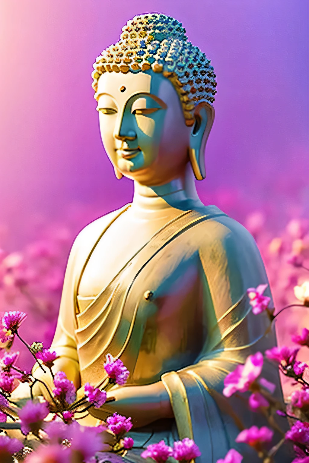 明るい背景のGreat Buddha像 Great Buddha solo front looking here halo is shining upper body only body is 70 on screen%Profession hold hands Like a photograph The background is full of flowers The background color is pink wonderful background