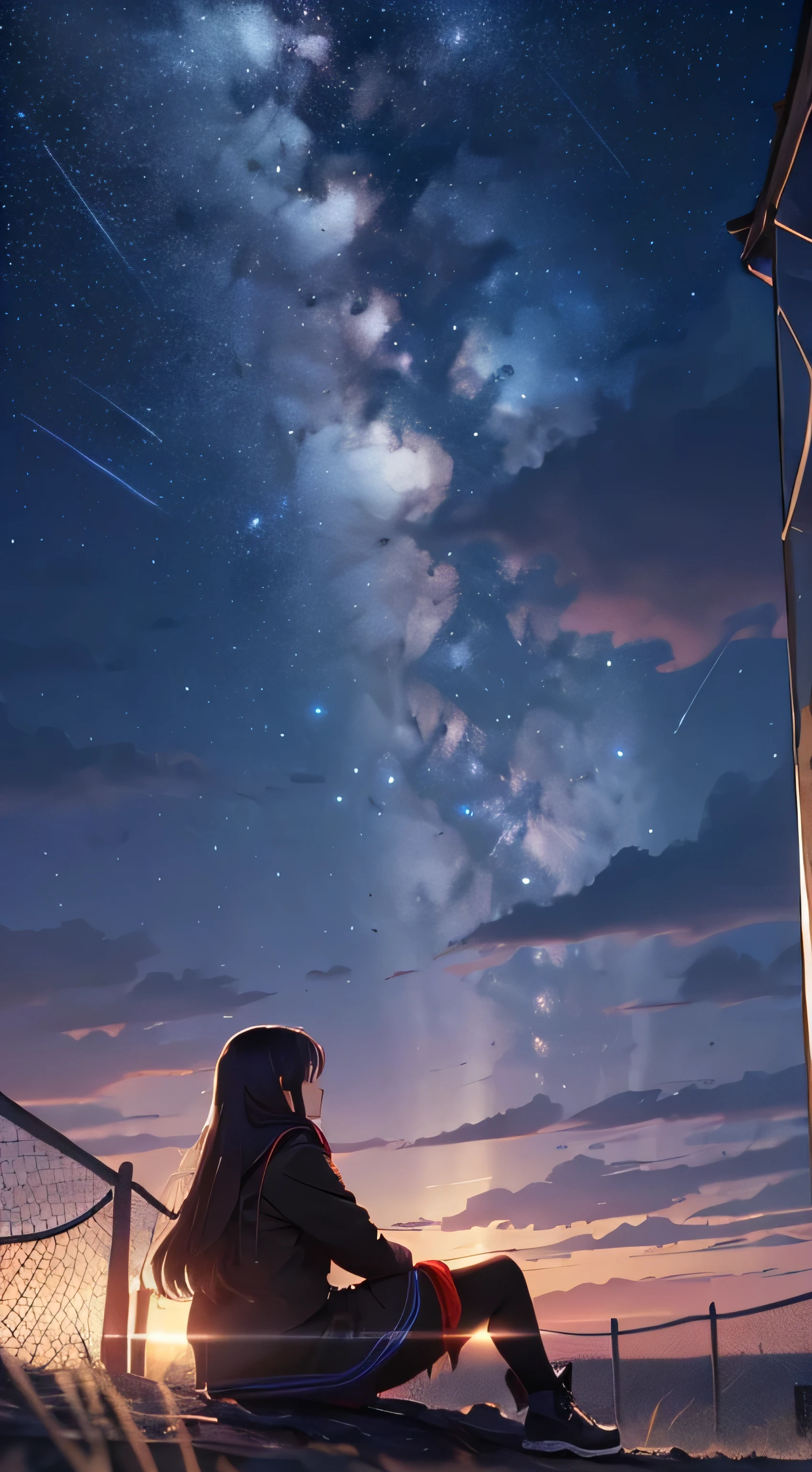octane rating, null, star (null), scenery, starry null, night, 1 girl, night null, alone, outdoors, building, cloud, milky way, sitting, wood, long hair, city, silhouette, cityscape  