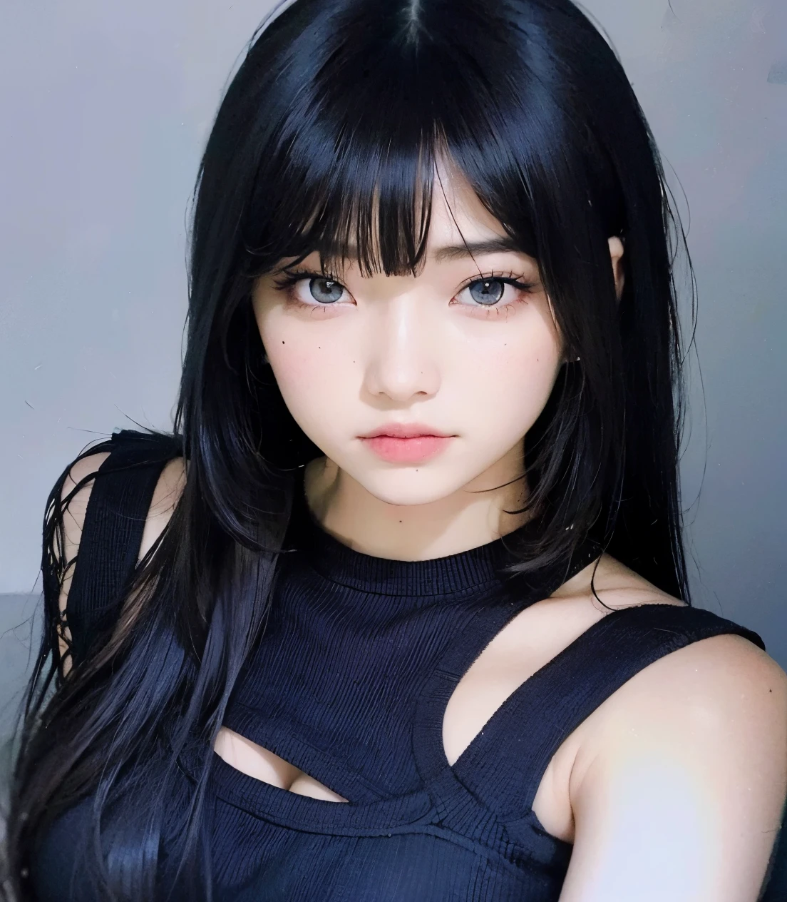 un primer plano de una mujer con cabello largo y negro que llevaba un top negro, chica anime en la vida real, ella tiene el pelo negro con flequillo, cruel korean gothic girl, pelo cortado hime negro, con pelo largo y ojos penetrantes, ulzzang, 1 7  anime gothic girl, pale gothic beauty, pelo largo y negro con flequillo, anime hiperrealista