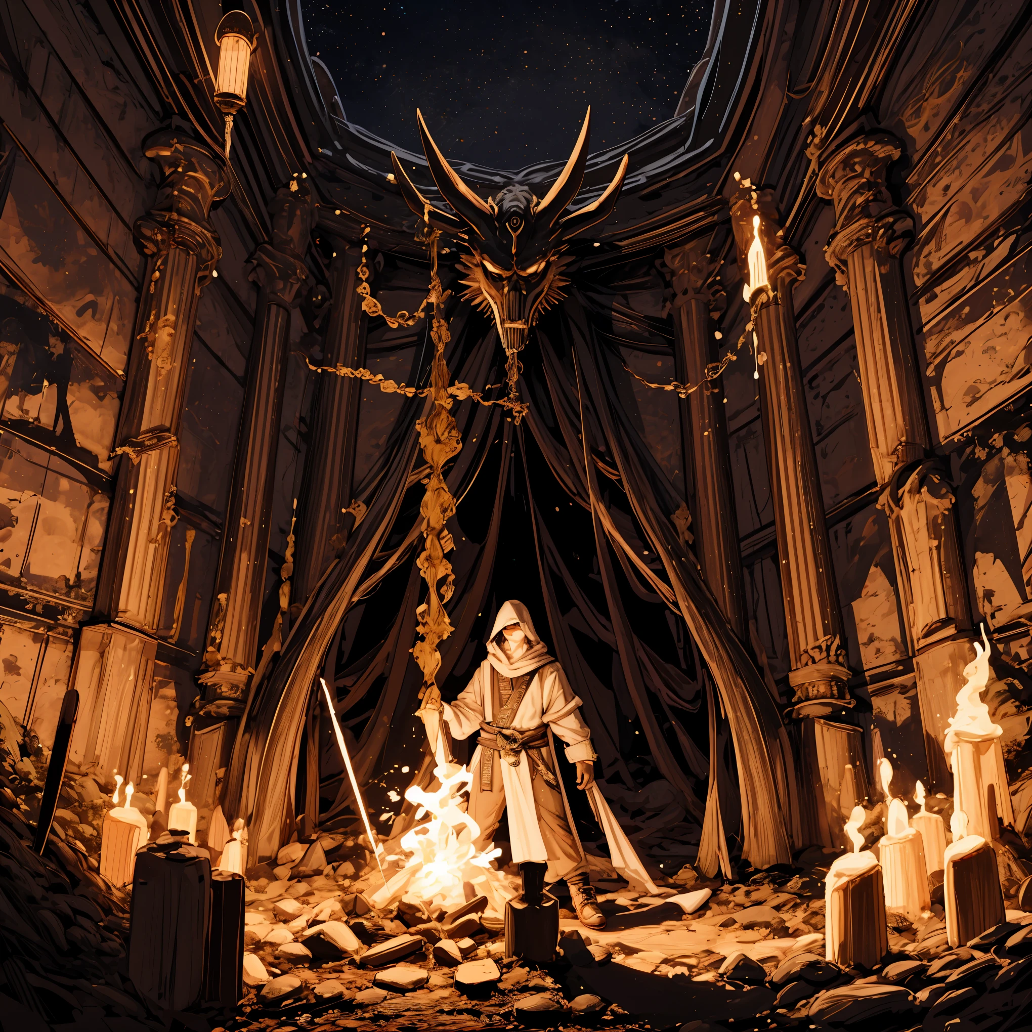 highres, top quality, best quality, paid reward available, High-quality illustrations, unparalleled masterpiece, perfect artwork, absurdres, perfect anatomy, standing in room, summoning an eldritch god,, summoning undead friends, spellcasting pose, album art, mmorpgs scene, dynamic angle,