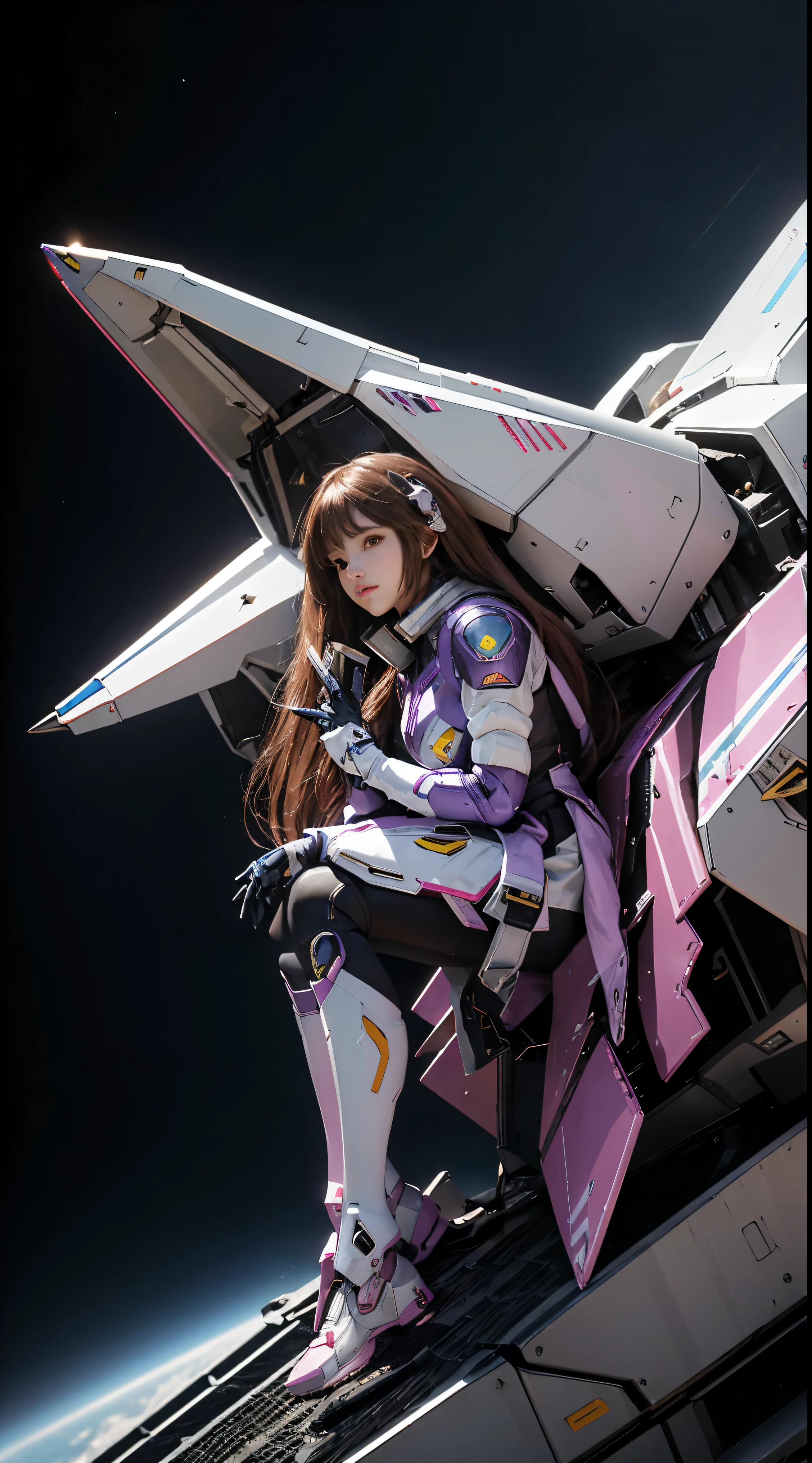 RAW, Masterpiece, Ultra Fine Photo,, Best Quality, Ultra High Resolution, Photorealistic, Sunlight, Full Body Portrait, Stunningly Beautiful,, Dynamic Poses, Delicate Face, Vibrant Eyes, (Side View) a close up of a woman in a pink and white gundam custume, dybamic pose, long brown very very long hair rapunzel, girl in mecha cyber armor, portrait armored astronaut girl, d. va from overwatch, female mecha, on a gundam, gundam head, chiho aoshima color scheme, mobile suit, streamlined purple armor, fully robotic!! girl, realistic cosplay, gundam armor (dynamic pose) (best cameraview), full body
