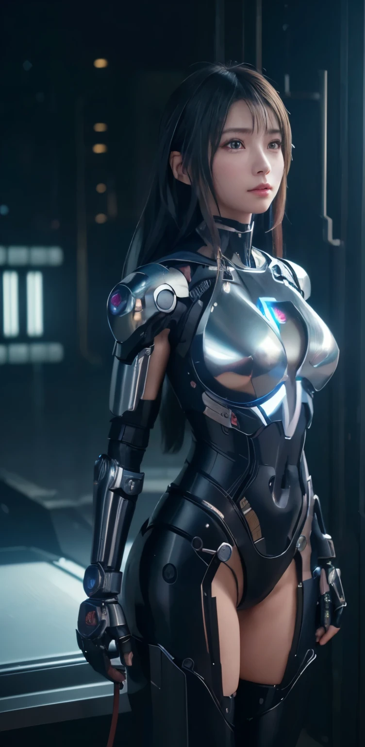 masterpiece、((black metallic talic scales ))、 ((plug suit)), ((beautiful girl:1.2))、i don&#39;t&#39;T&#39;no armechanized body、Mechanized chest and abdomen、mechanized occiput、Mecha leg rack metallic suit that fits perfectly to the body、 Are standing、tied up、金属robot、((cyberpunk background))、(neon light)、(futuristic machine factory background)、cyberdyne、Artificial bodies、All metal body、ironwork、abdominal mechanism、((robotアームとハンド))、((robotの脚))、((machine neck))、inside the spaceship、beautiful girl、16 years old、asian beauty, (Actuator and cable exposed from abdomen.、金属robotの首から胴体まで接続、Complex 3d rendering beauTiful porcelain profile super become familiar withd female android face、cyborg、robot部品、150mm、Soft light in a beautiful studio、rim light、vivid details、gorgeous cyberpunk、Ren Hao、超realistic、anatomical、facial muscles、cable wire microchip、elegant、beautiful background、octane rendering、HR giger style、8k、highest quality、masterpiece、enlightenment、very delicate and beautiful、 非常にbecome familiar withなCG、unity、wall-、(realistic、Photoreal:1.37)、wonderful、become familiar with、masterpiece、highest quality、official art、Highly become familiar withd CG unity 8k wallpaper、absurd、信じられないほどabsurd、、robot、silver beads、Full body Esbian、 Are standing