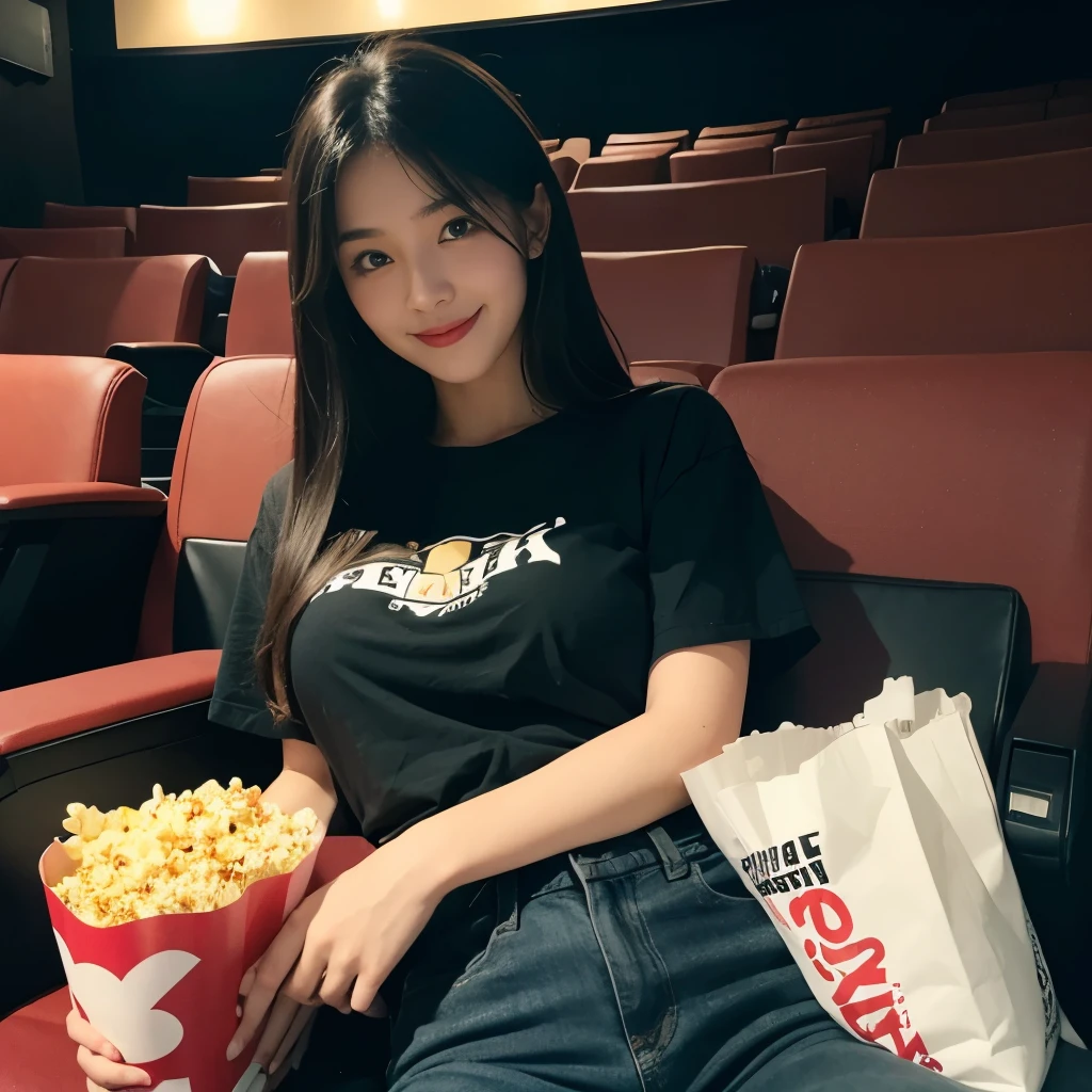 20 year old girl,Beautiful girl,big breast,long hair, oversized black t-shirts and pant, cute smile,cute girls bag on back , two popcorn bucket on both side ,popcorn in her hand,set on theater sit, comfortable sit, photo from cinema theater, ready for movie show, crowded theatre,8k , 16k, hyper realistic, hyper details, dark light,